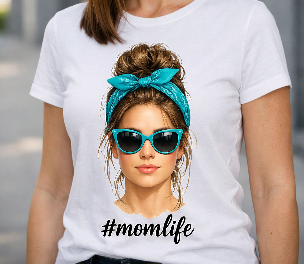 A white shirt featuring a brown-haired mom with a messy bun, turquoise headband, sunglasses, and #momlife lettering