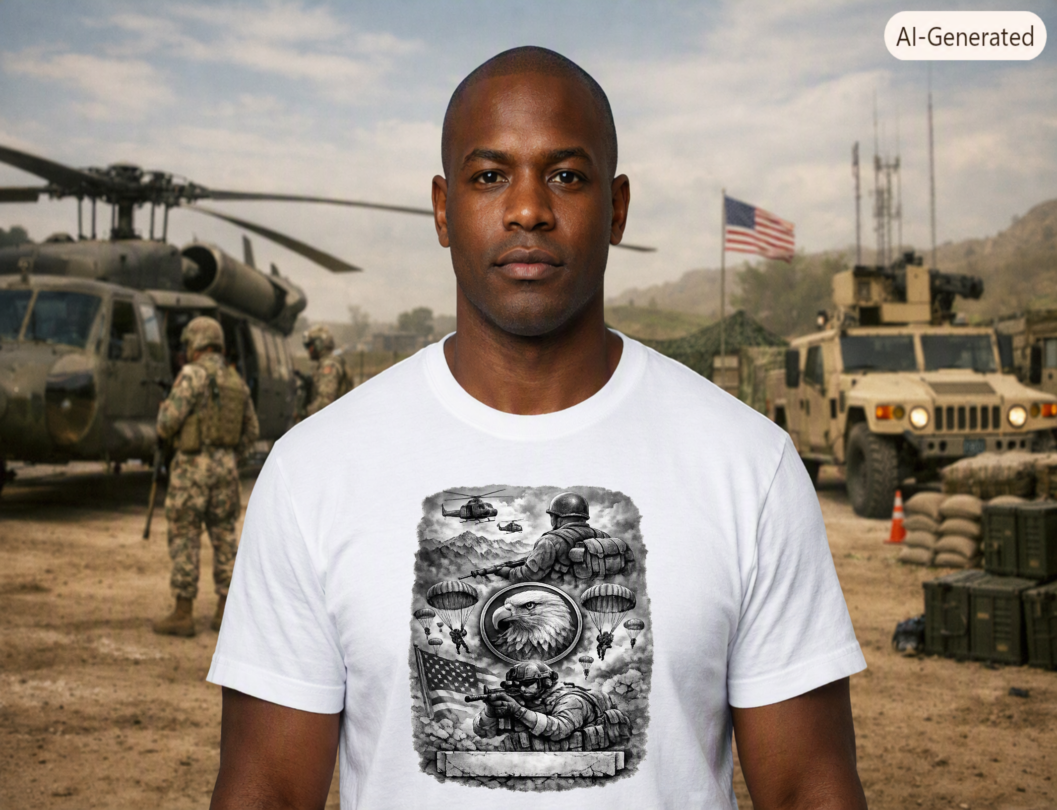 A Military Eagle Soldier American Flag T-Shirt with an eagle emblem, soldiers, parachutes, helicopters, & American flag.