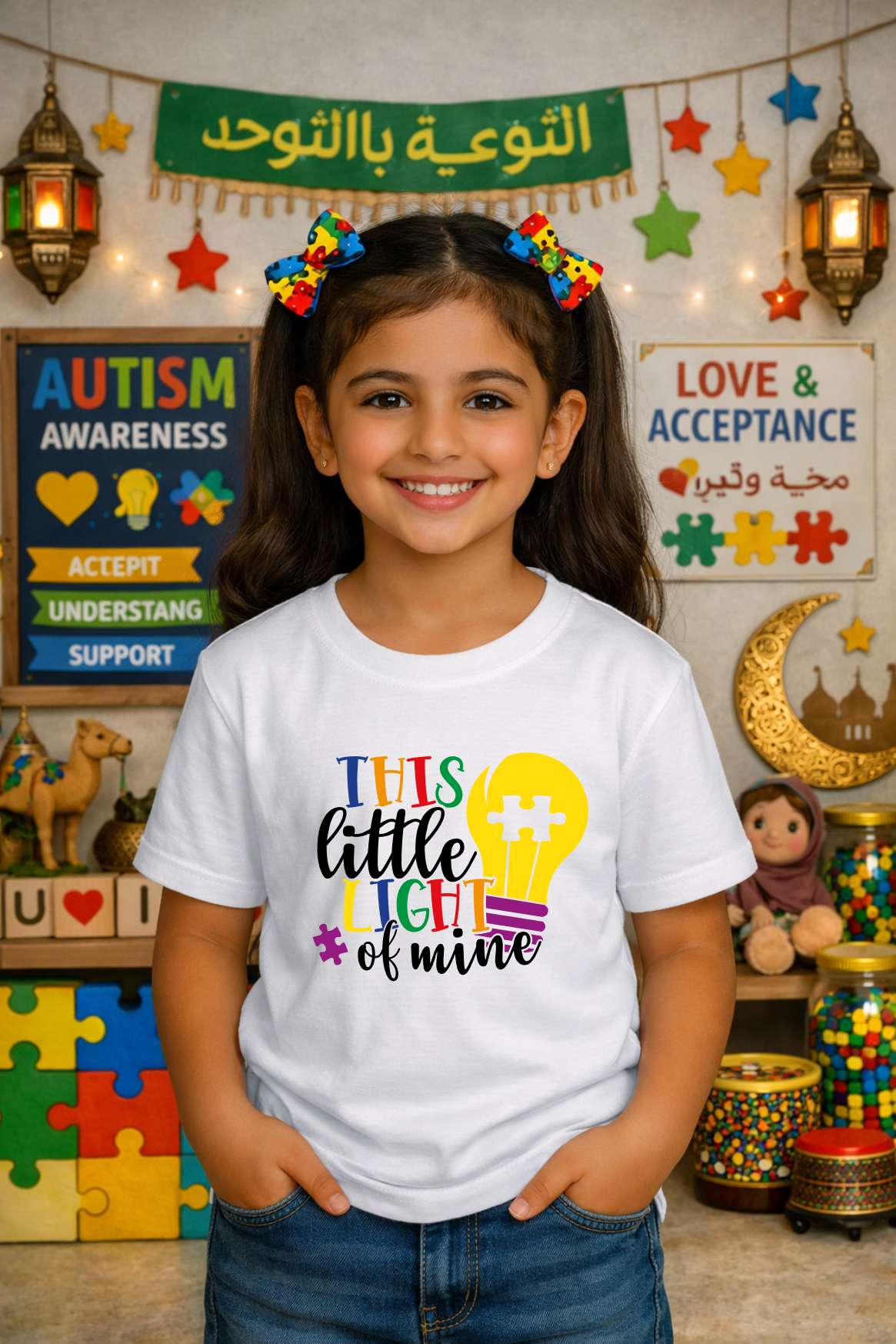 Young girl with puzzle hairbows wearing a white t-shirt that says This Little Light of Mine with a puzzle lightbulb.