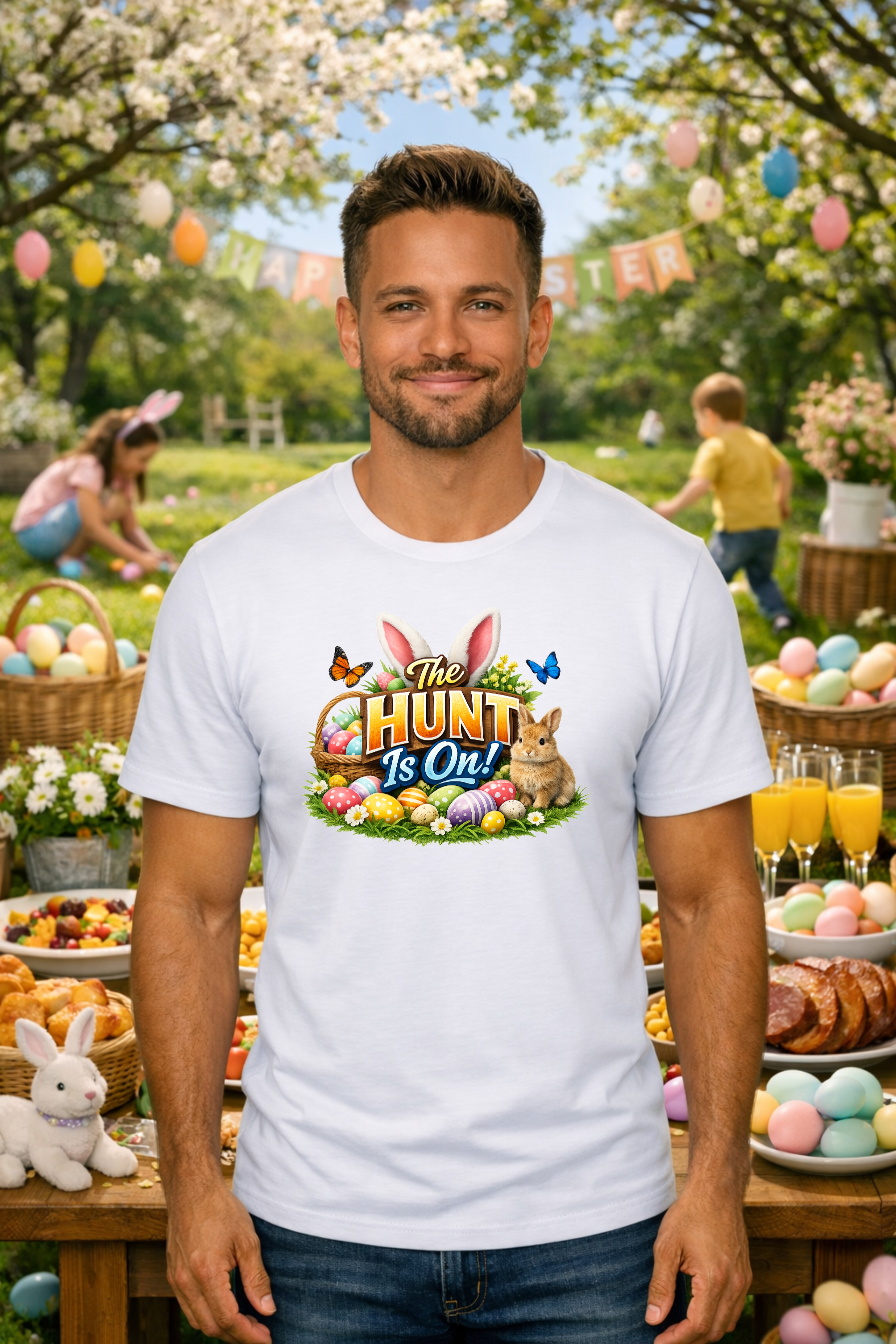 A man wearing a white t-shirt with a colorful graphic of Easter eggs, a bunny, a basket, and the text The Hunt Is On.