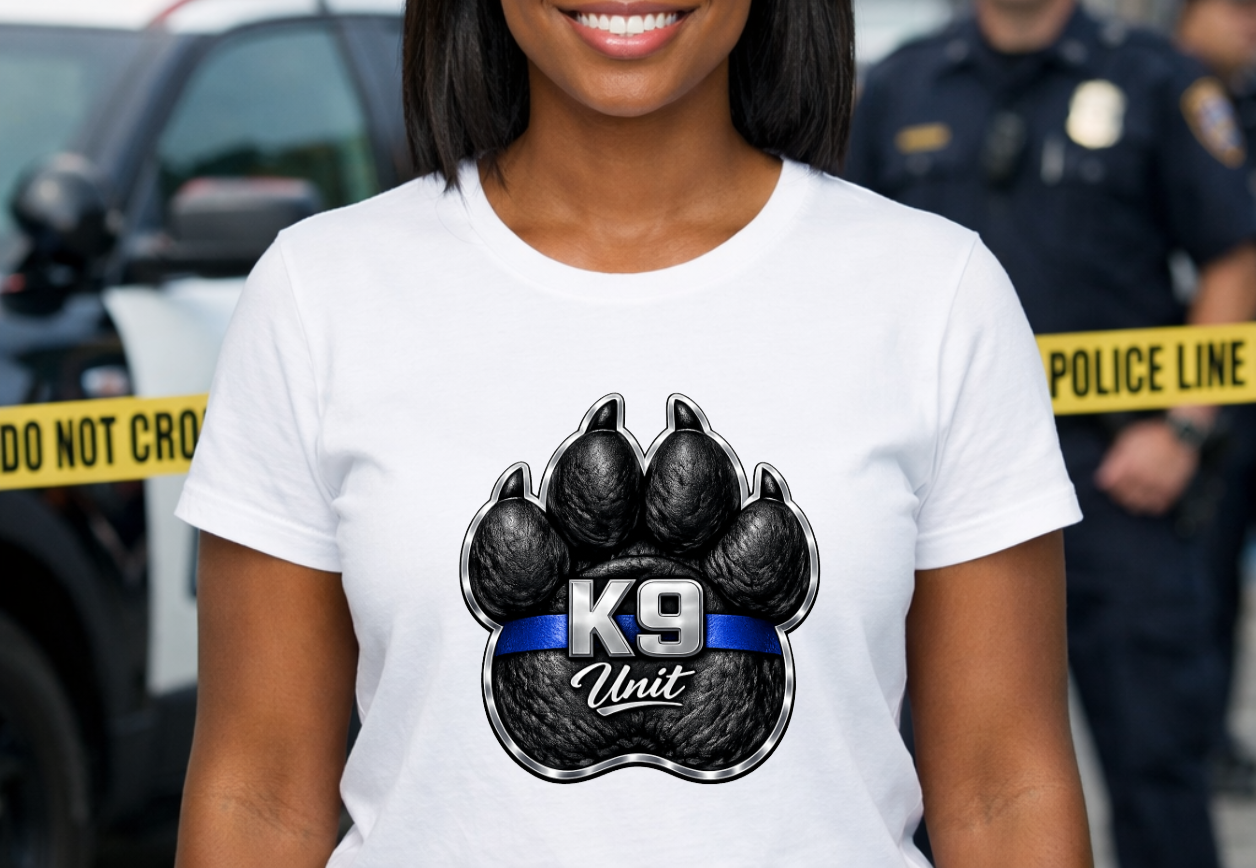 Alt Image Text: Woman wearing a white K9 Unit police dog paw graphic t-shirt in front of a police vehicle