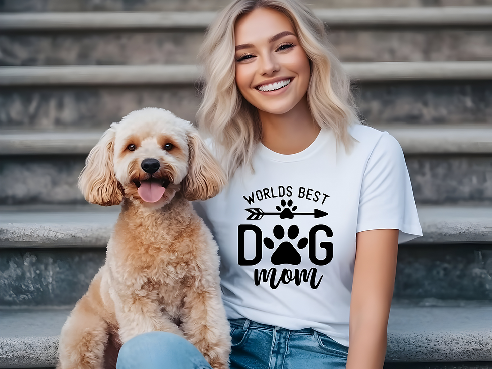 Woman wearing a World's Best Dog Mom T-shirt with a paw print design beside her dog