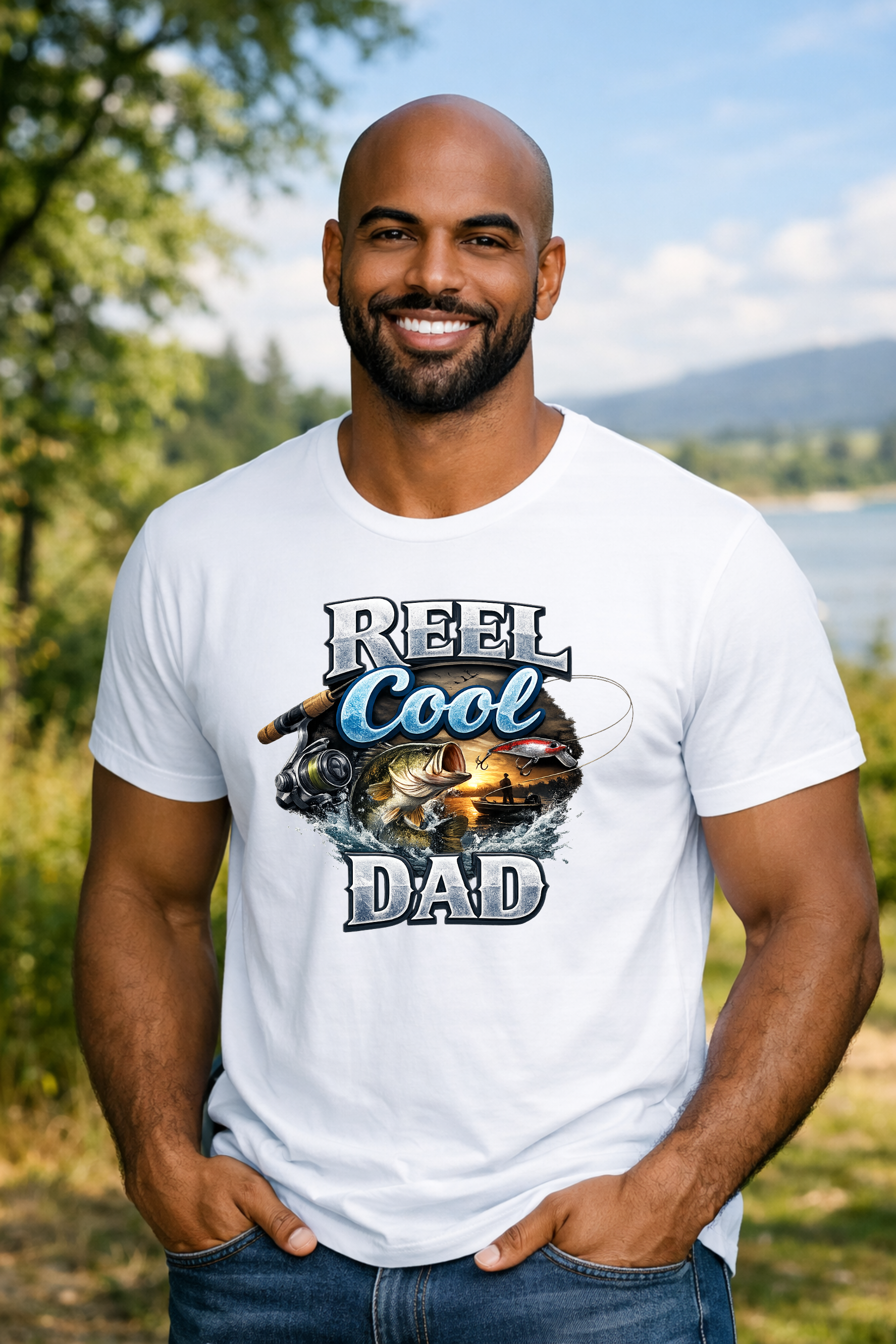 A smiling man standing outdoors wearing a white graphic t-shirt that reads Reel Cool Dad with fishing illustrations.