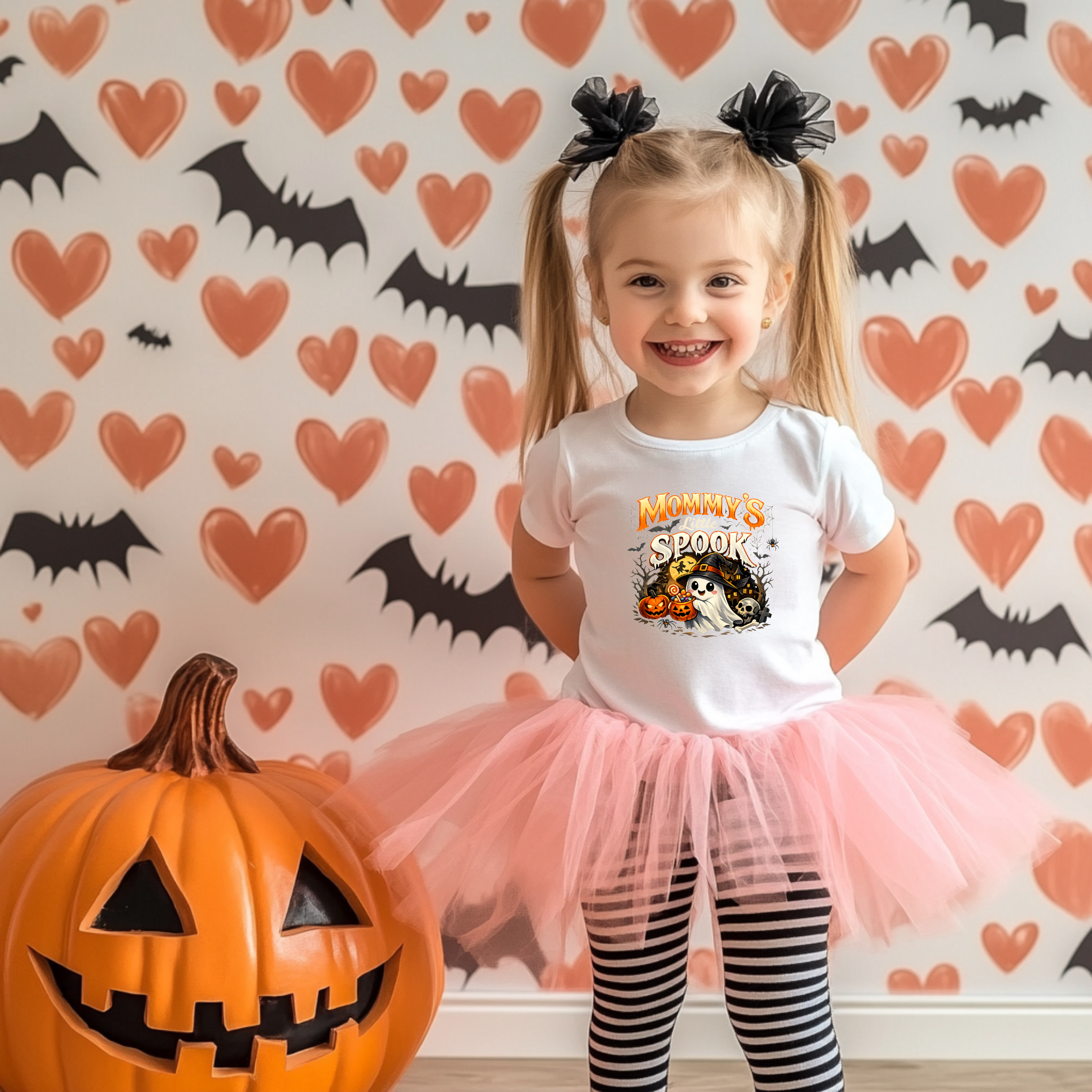 A little ghost wearing a witch hat surrounded by pumpkins under text reading Mommy's Little Spook.