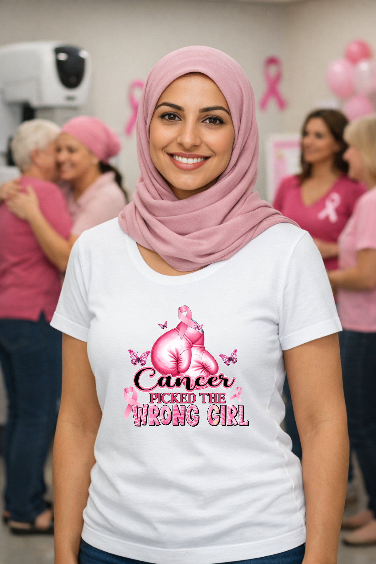Woman in a pink hijab wearing a white t-shirt featuring pink boxing gloves and text reading Cancer Picked the Wrong Girl.