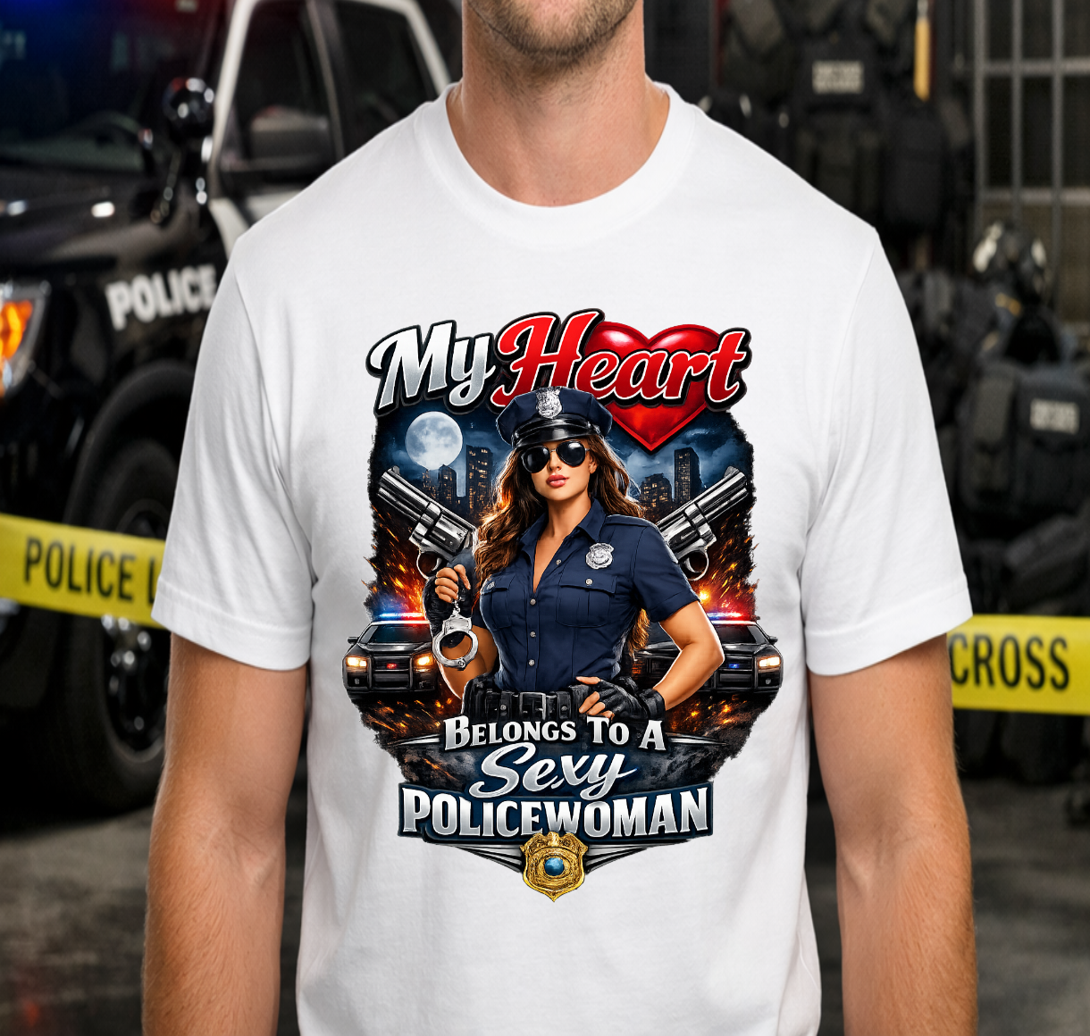 White T-shirt featuring a female police officer design with the words โMy Heart Belongs to a Sexy Policewoman.โ