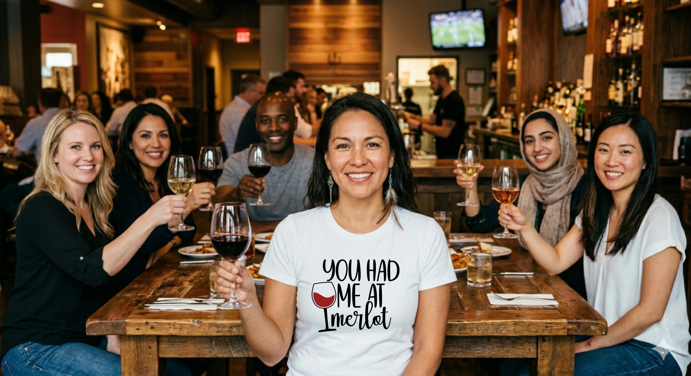 Smiling woman wearing a You Had Me At Merlot shirt holds a glass of wine at a restaurant table with friends.