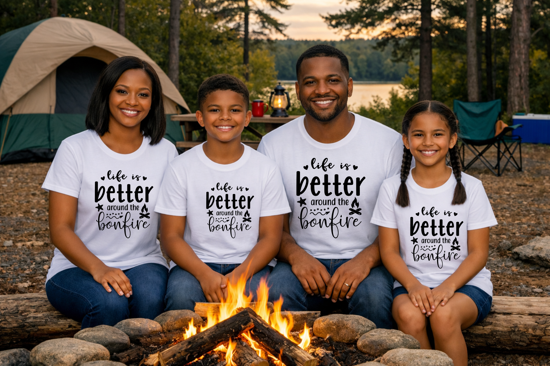 Smiling family of four sitting by a campfire wearing matching white t-shirts that say Life Is Better Around the Bonfire.