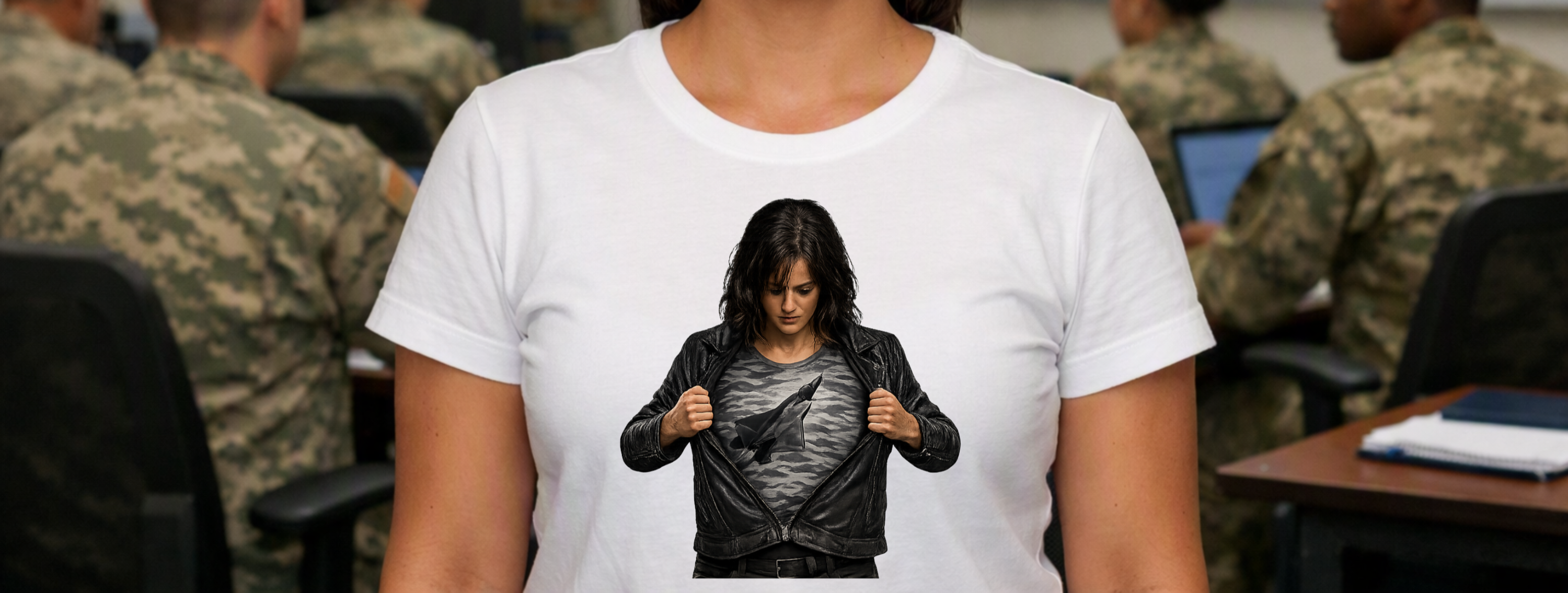 A white Air Force Fighter Jet Reveal Women's T-Shirt featuring a woman opening a jacket to reveal a fighter jet design