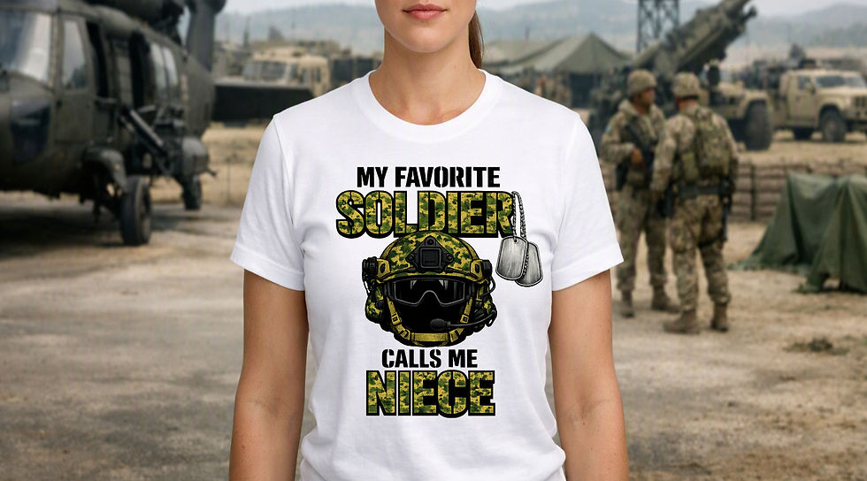 A white My Favorite Soldier Calls Me Niece Military T-Shirt with a camouflage helmet, dog tags, and bold military lettering.
