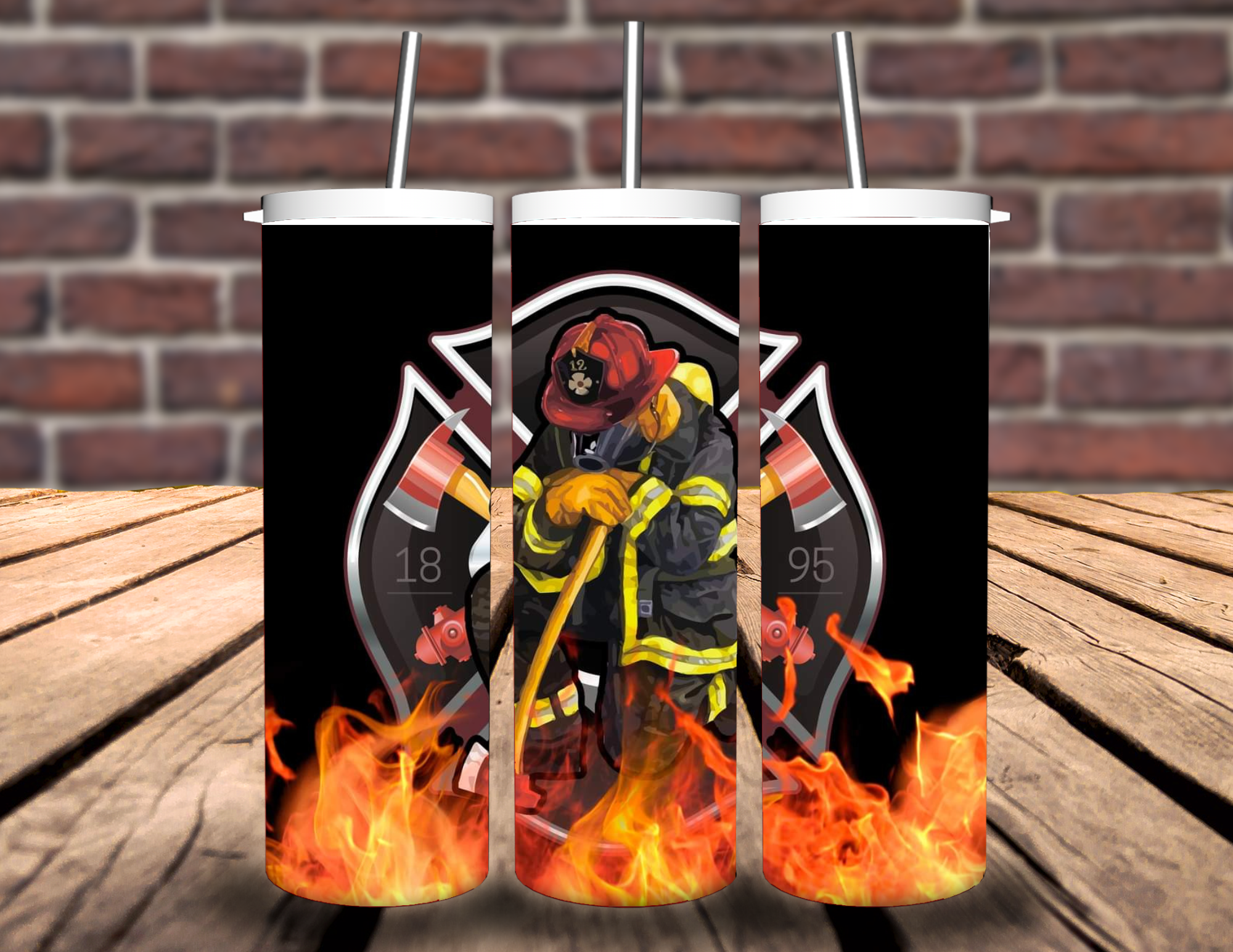 Fireman Kneeling In Flames Firefighter Tumbler