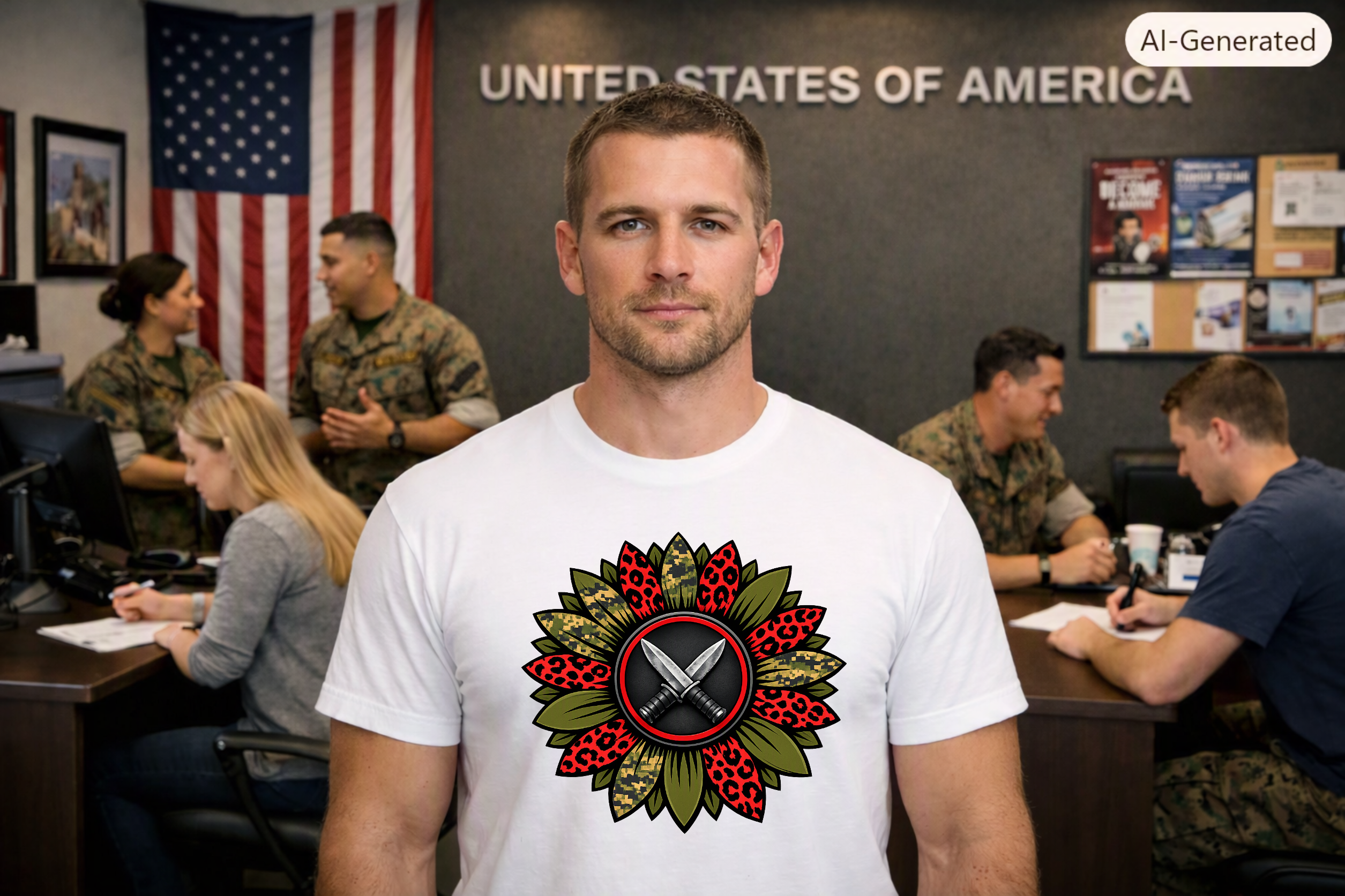 A sunflower with red leopard print and camouflage petals featuring a central emblem of two crossed tactical knives.