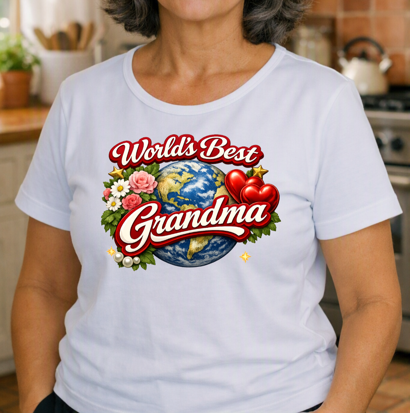 World's Best Grandma Floral Heart Globe T-Shirt