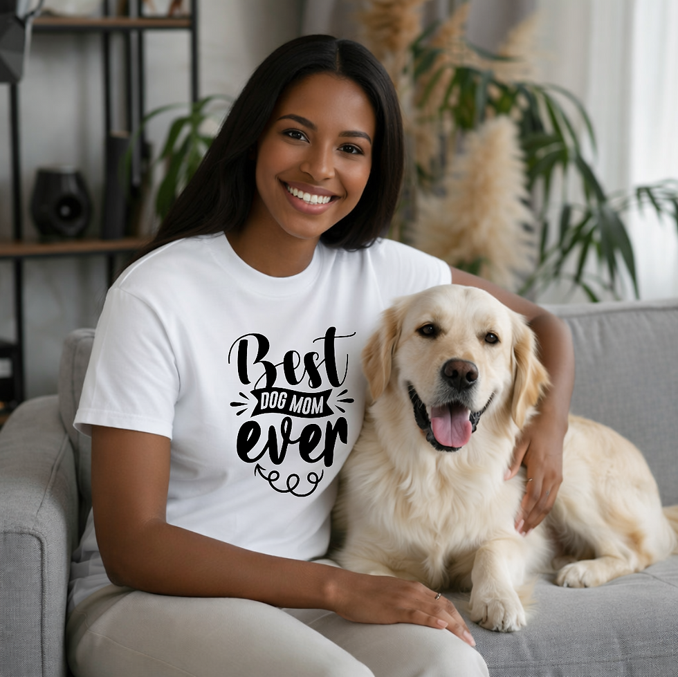 Woman wearing a Best Dog Mom Ever t-shirt while sitting with her dog