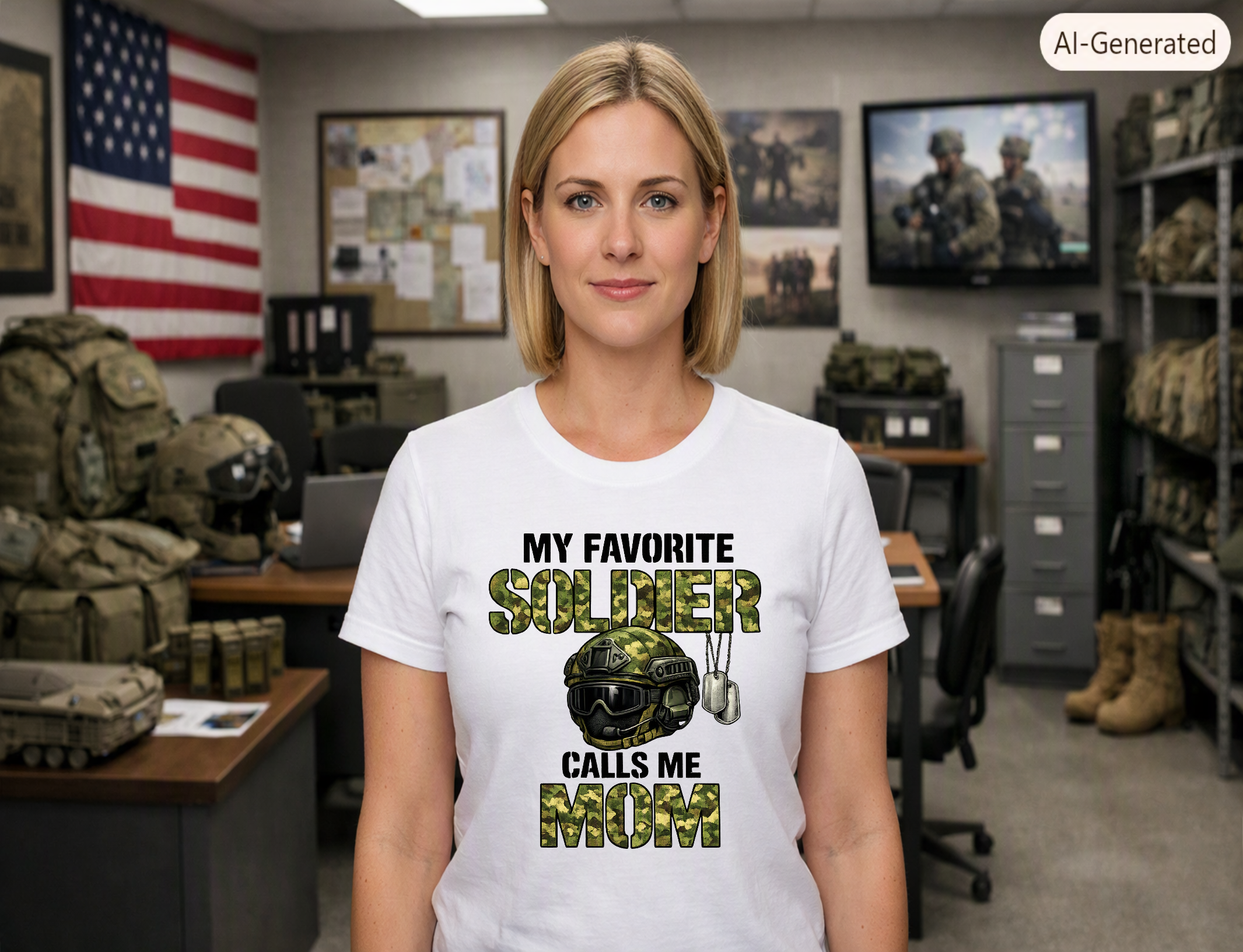 A white My Favorite Soldier Calls Me Mom Military T-Shirt featuring a camouflage military helmet and dog tags.