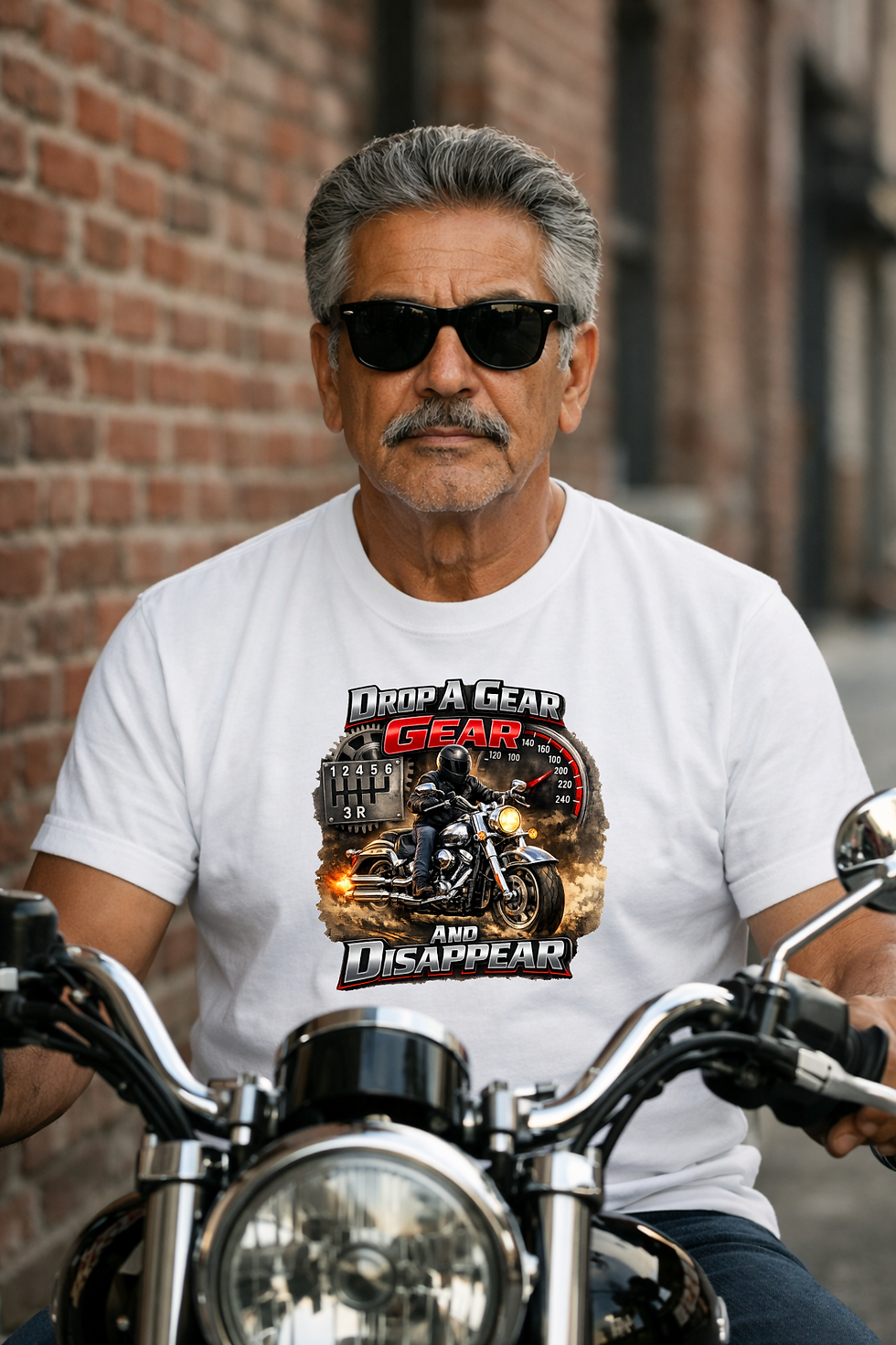 Man wearing a white motorcycle T-shirt featuring a biker, gear shifter, speedometer, and “Drop a Gear and Disappear” design.