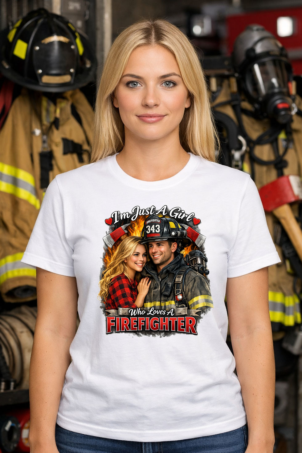 Woman wearing a white T-shirt with a romantic firefighter graphic and โI'm Just a Girl Who Loves a Firefighterโ design