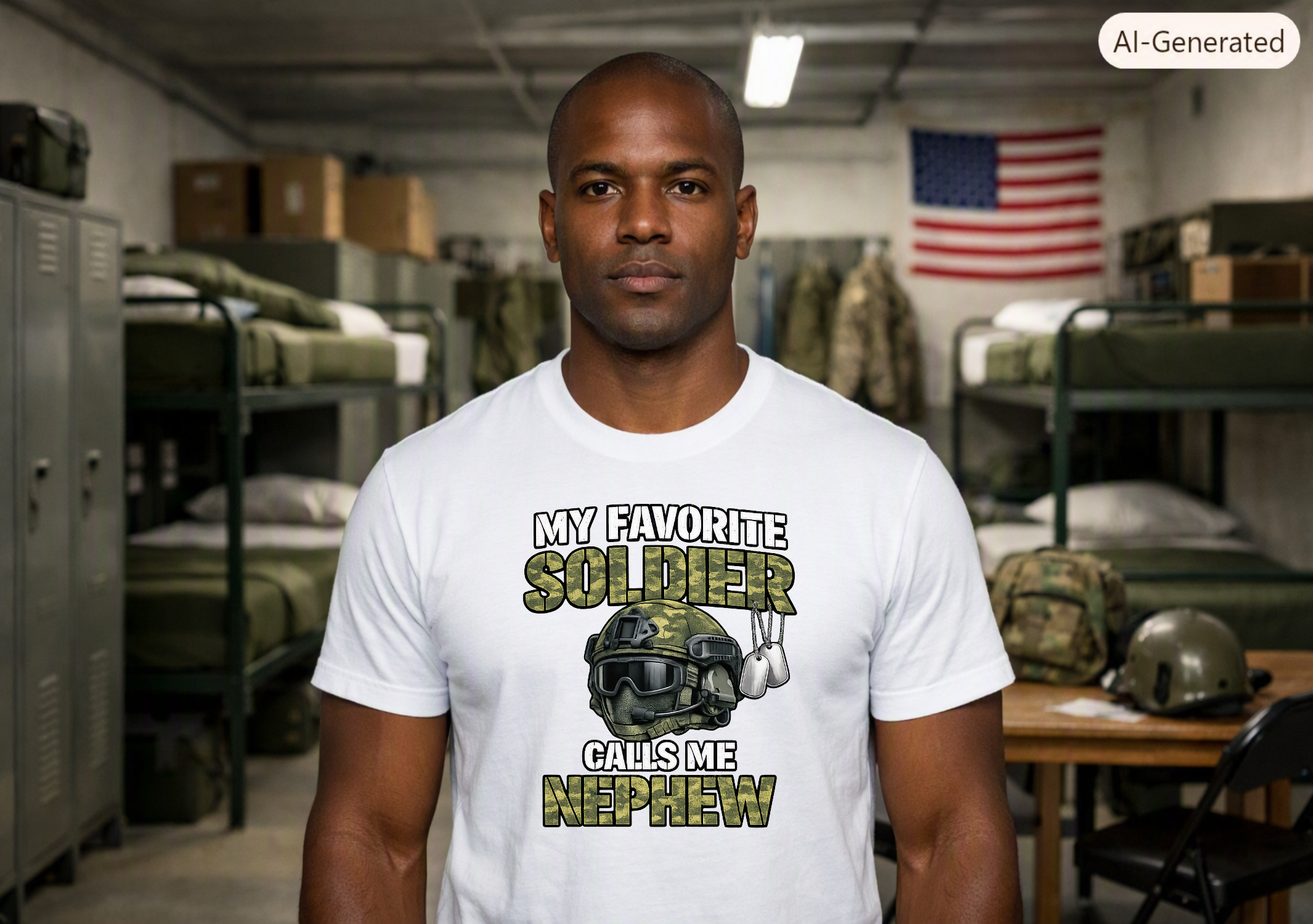 A white My Favorite Soldier Calls Me Nephew Military T-Shirt featuring a camouflage military helmet and dog tags.