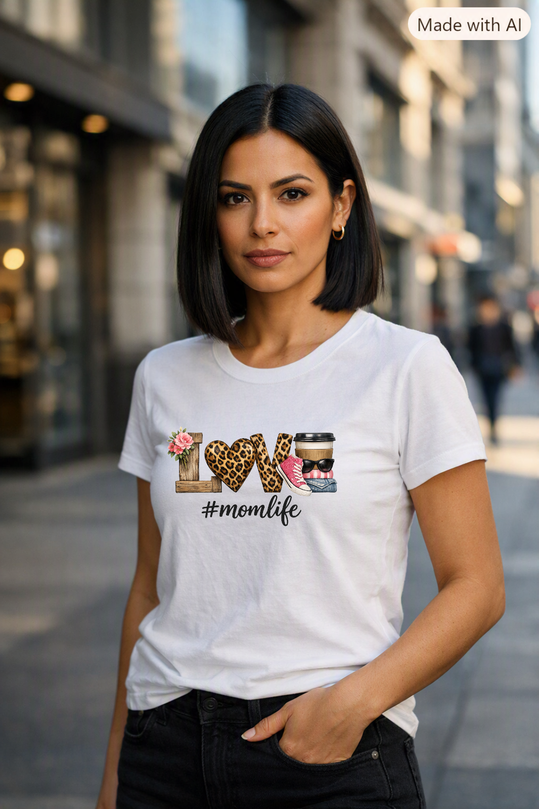 A white shirt featuring a colorful LOVE Momlife design with leopard print hearts, coffee cup, pink sneaker, jeans, & flowers
