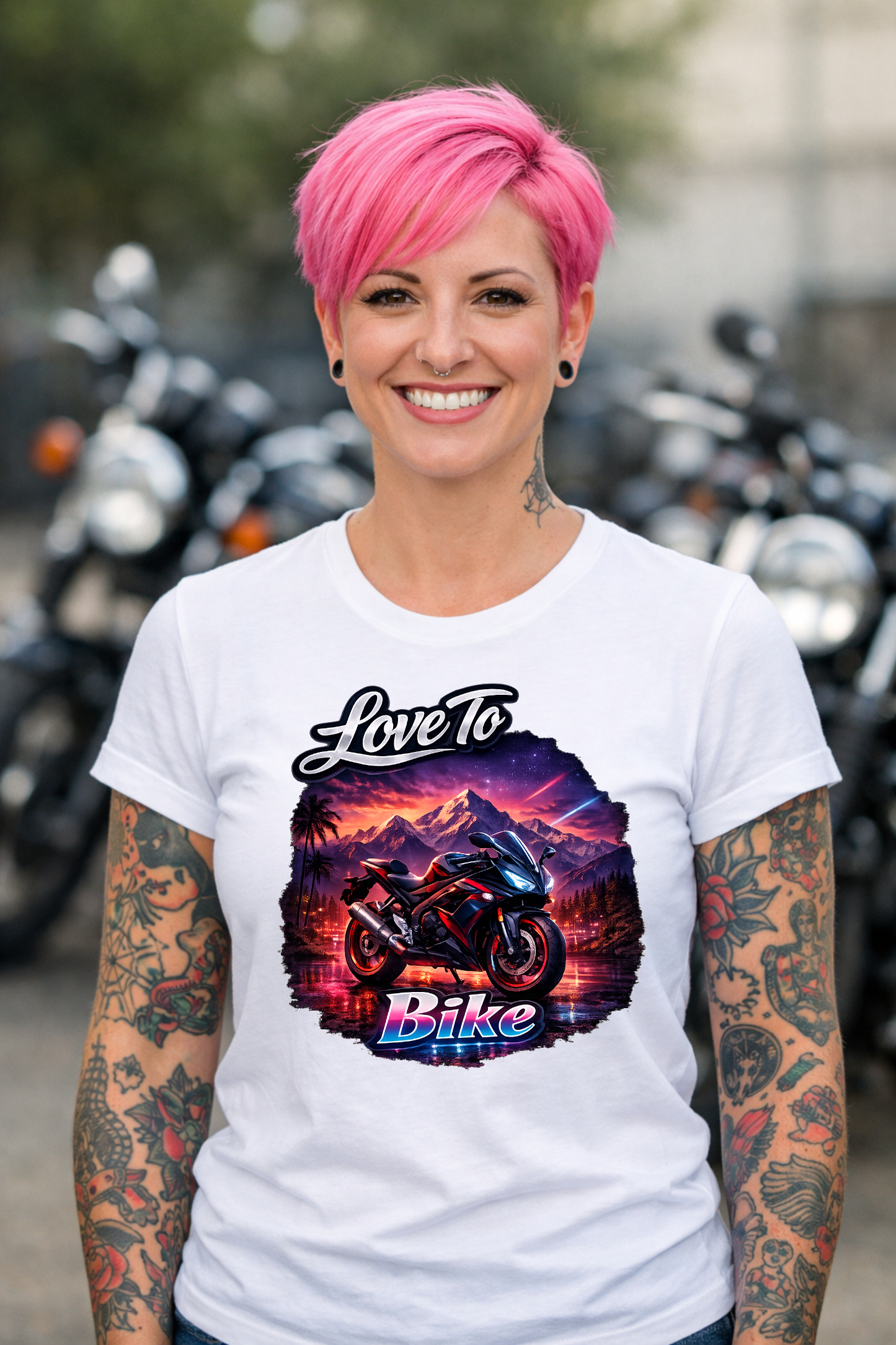 Love to Bike motorcycle graphic t-shirt featuring a sport bike, colorful mountain sunset, and scenic landscape