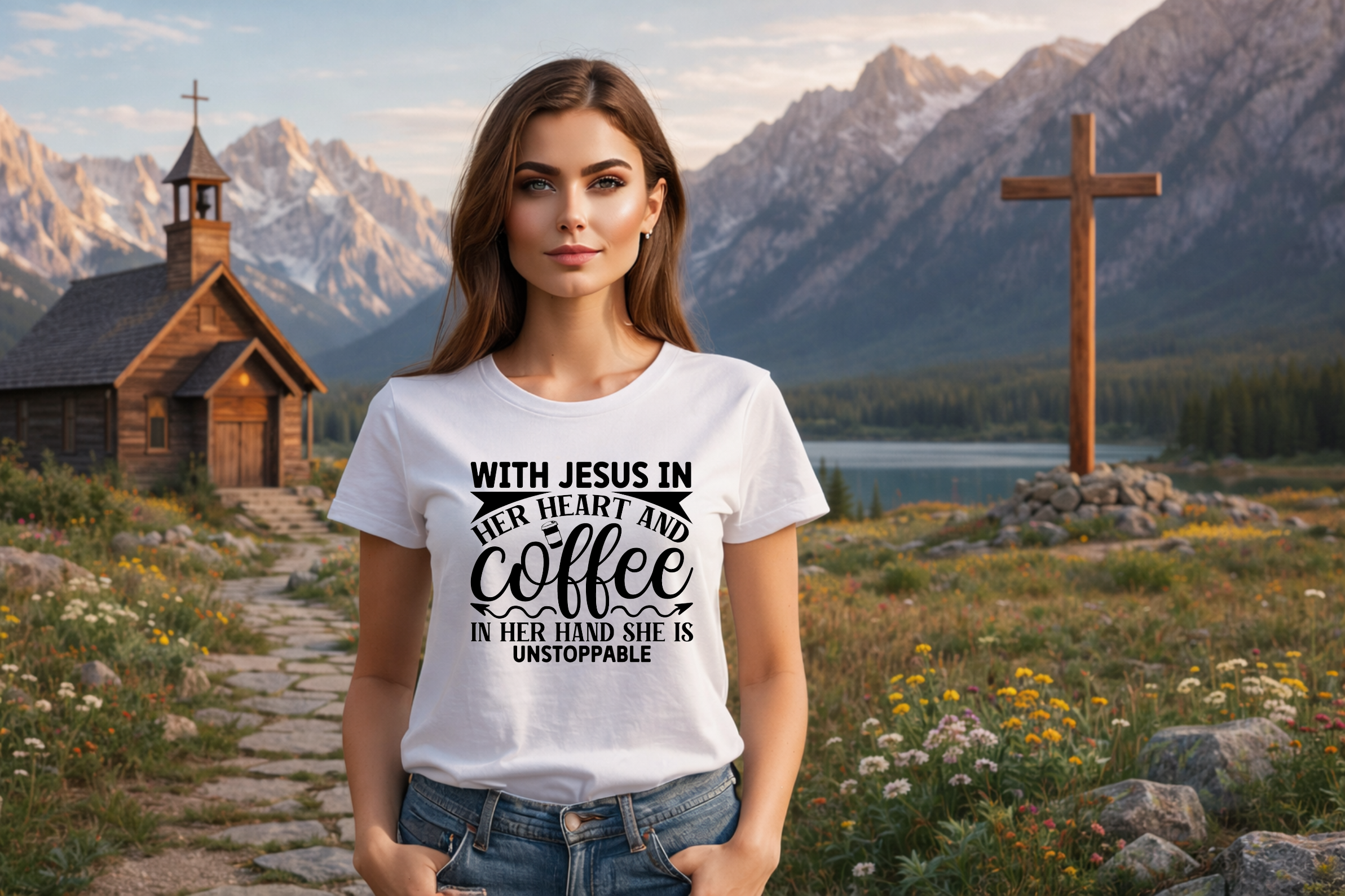 A woman standing outdoors in a mountain landscape wearing a graphic t-shirt about Jesus, her heart, and coffee.