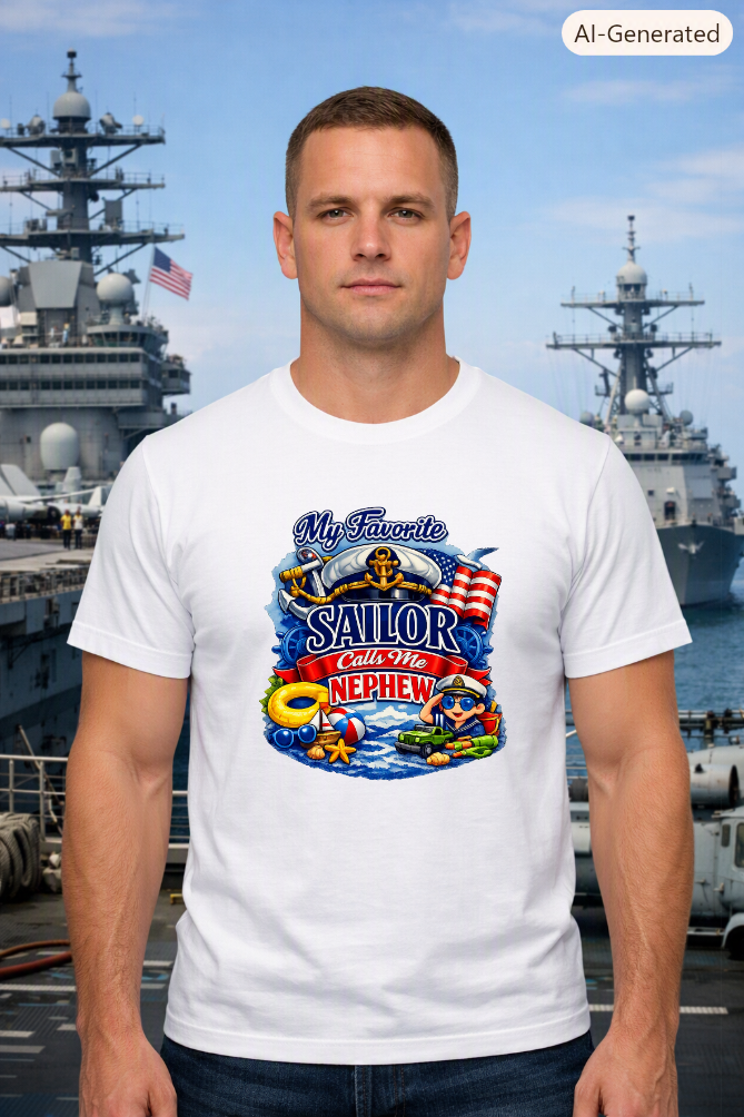 Nautical graphic crest featuring an anchor, a ship wheel, flags, and text reading My Favorite Sailor Calls Me Nephew.
