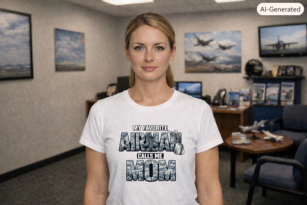 A white shirt featuring a military aviation design with “My Favorite Airman Calls Me Mom” and an airplane with dog tags.