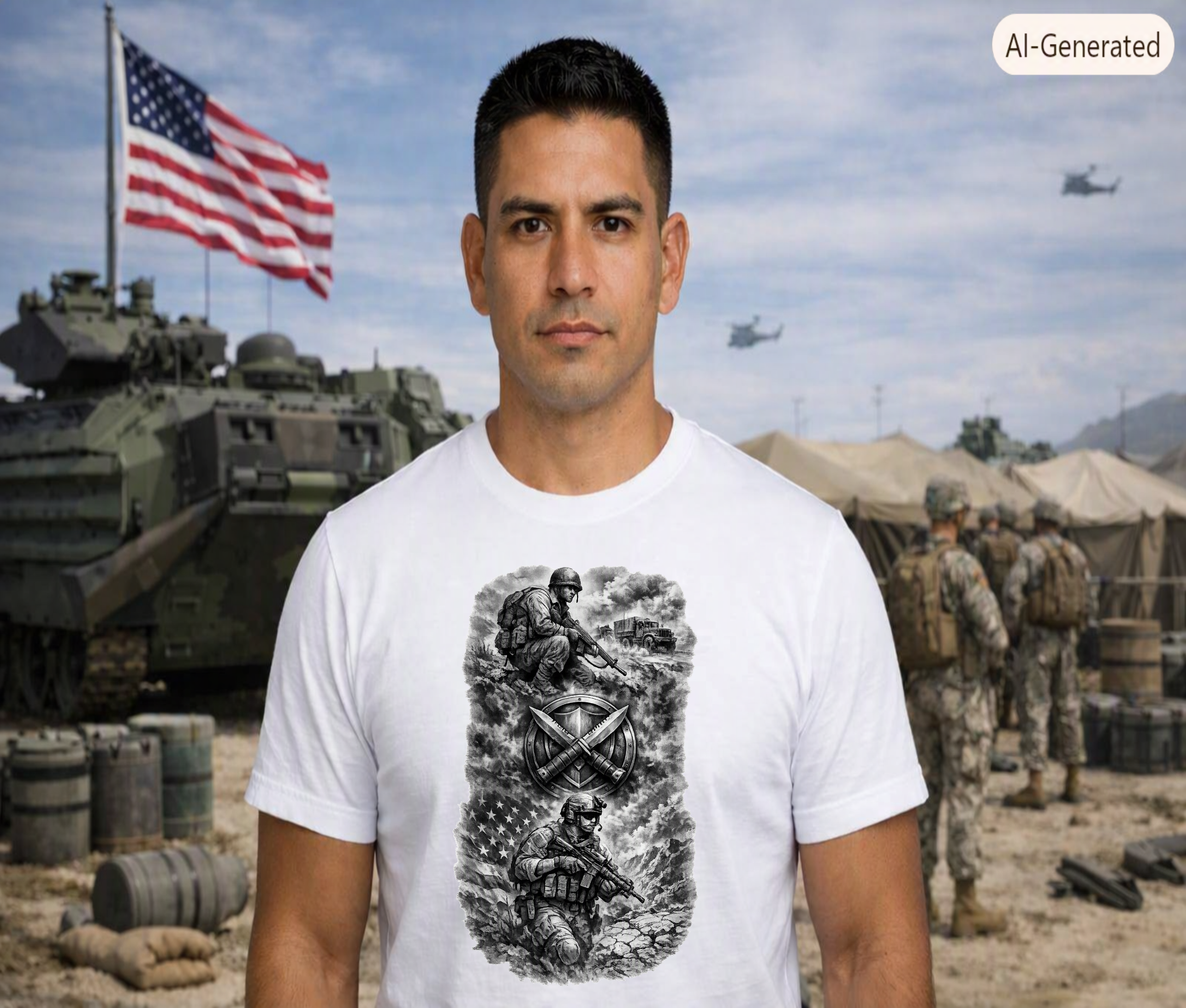 Detailed black and white sketch of combat soldiers, military vehicles, an American flag, and a shield emblem.