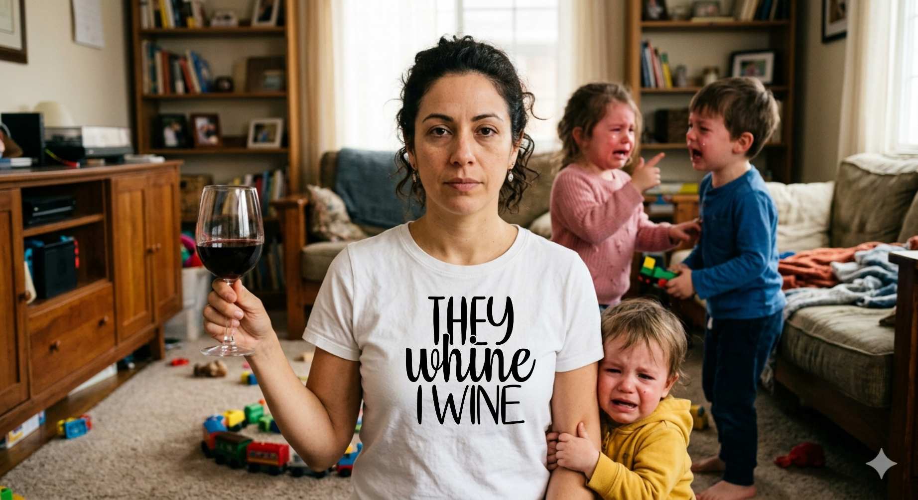 Tired mom wearing a They Whine I Wine shirt holds a wine glass while three kids cry in a messy living room.