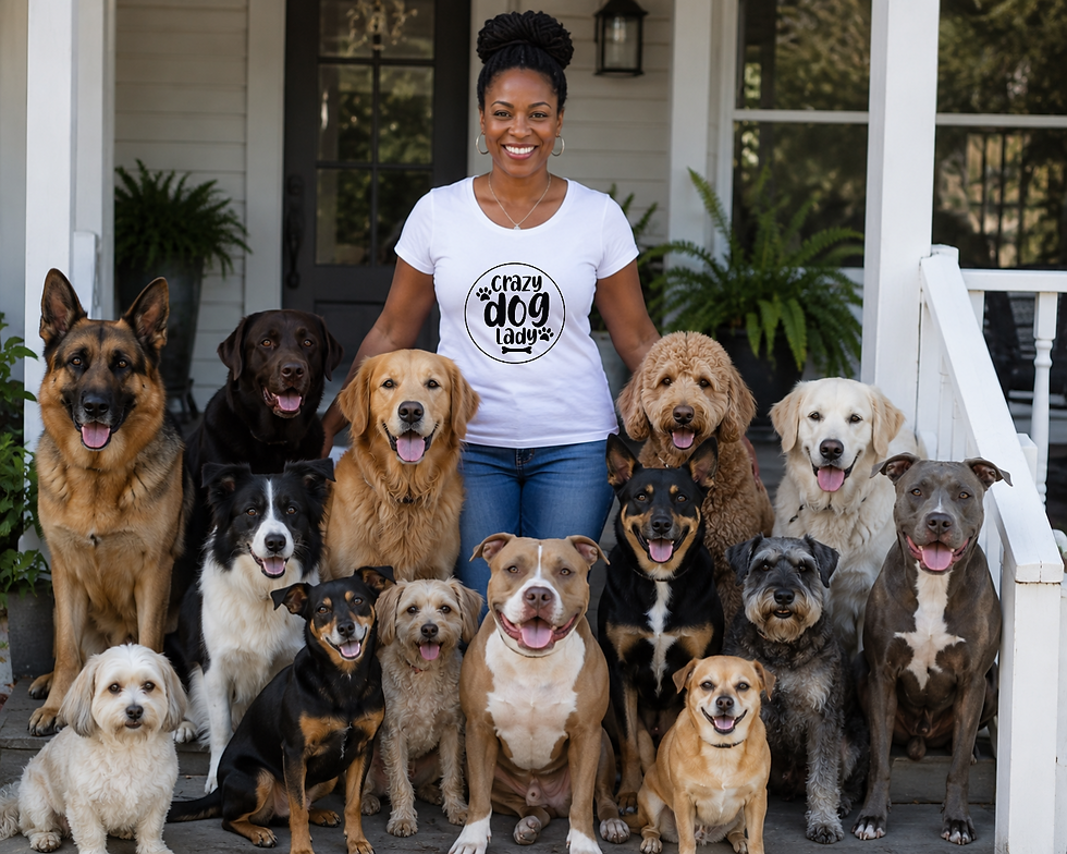 Woman wearing a white Crazy Dog Lady circle design T-shirt surrounded by multiple dogs