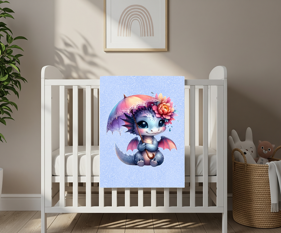 A cozy nursery blanket featuring a cartoon baby dragon holding a lace umbrella with a flower.