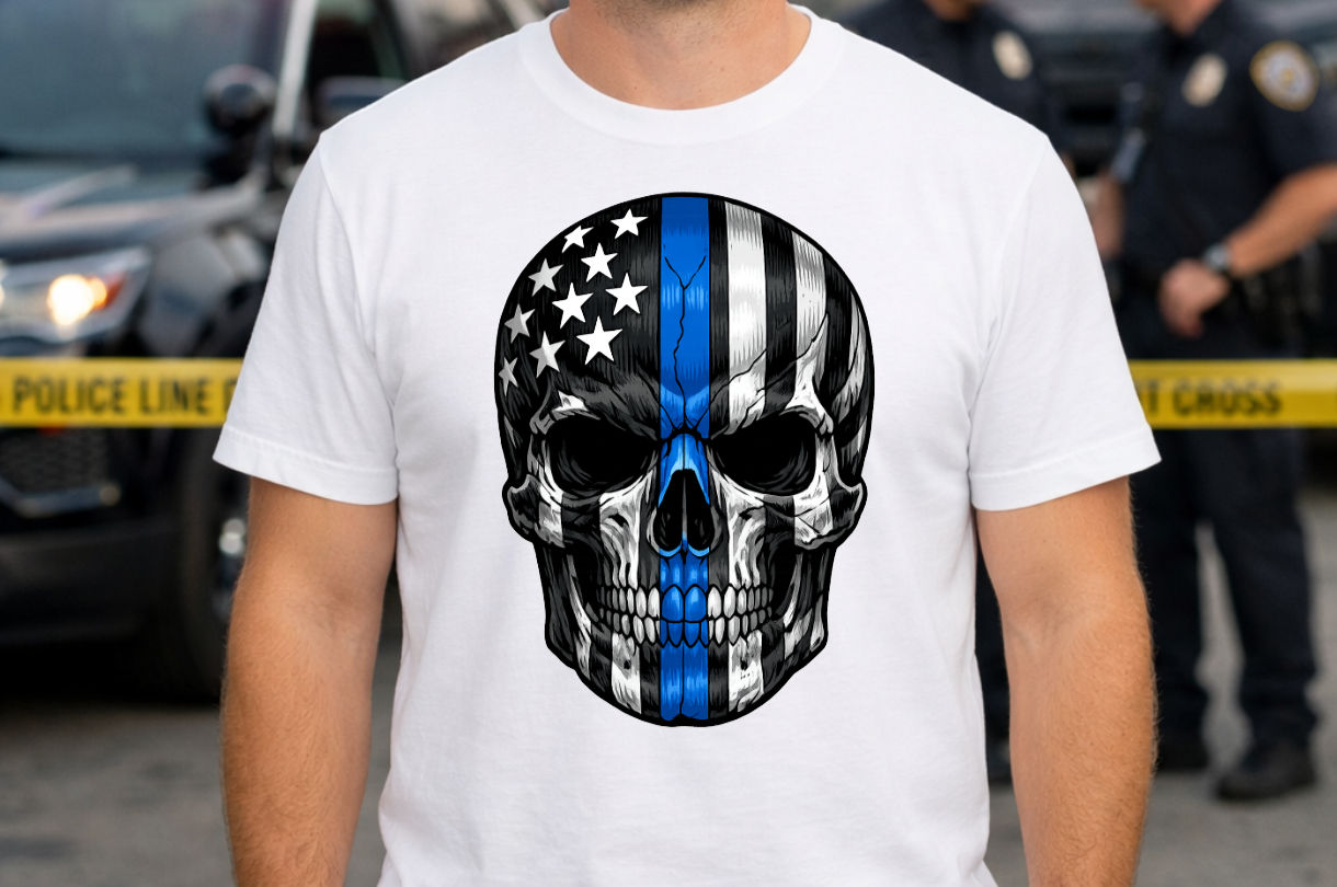 Thin Blue Line Skull Police Support T-Shirt
