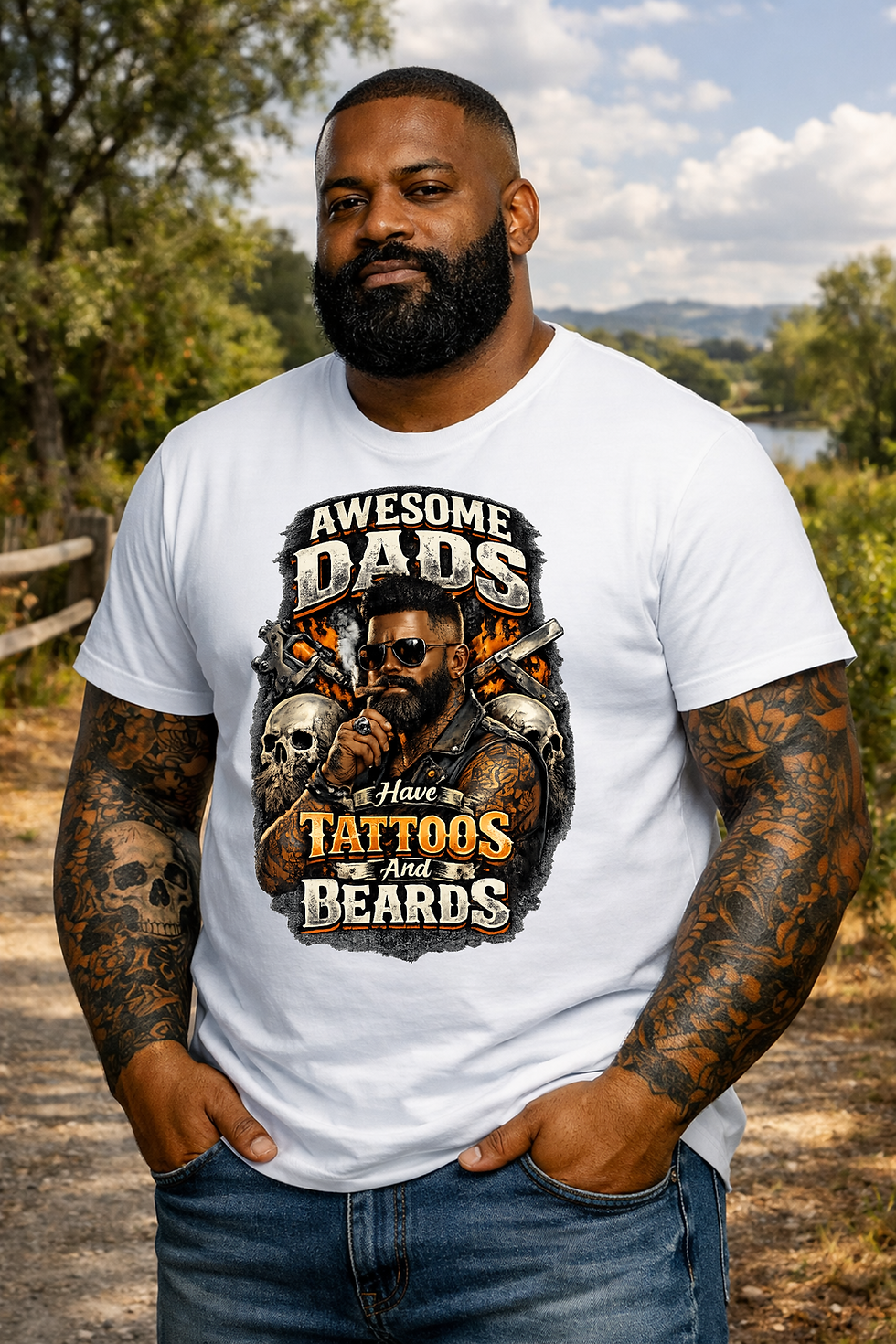 A bearded man with arm tattoos wearing a white t-shirt featuring a stylized bearded father illustration and skulls.