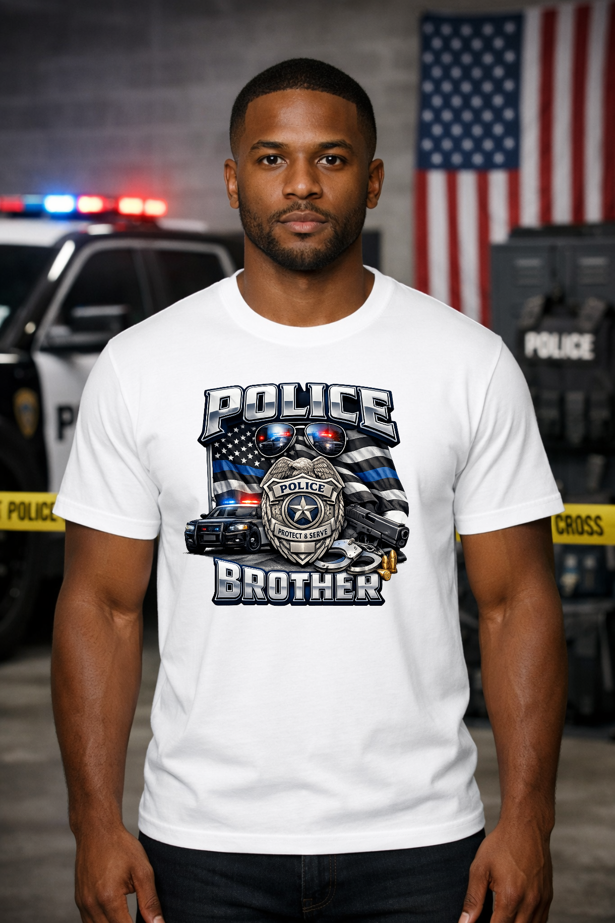 Man wearing a white Police Brother patriotic graphic T-shirt with police badge, American flag, and law enforcement design