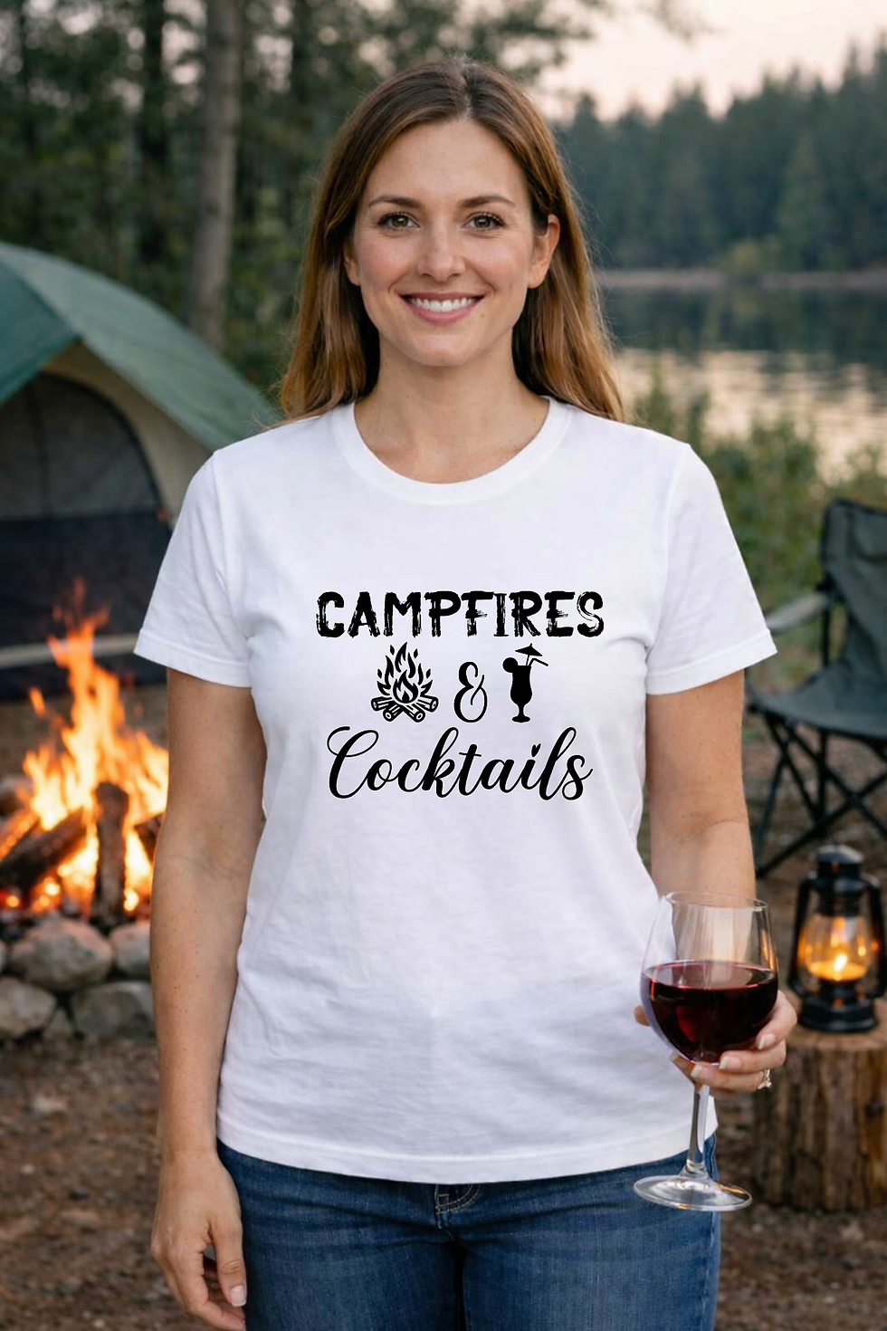 Smiling woman holding a wine glass next to a lake campfire, wearing a t-shirt that says Campfires and Cocktails.