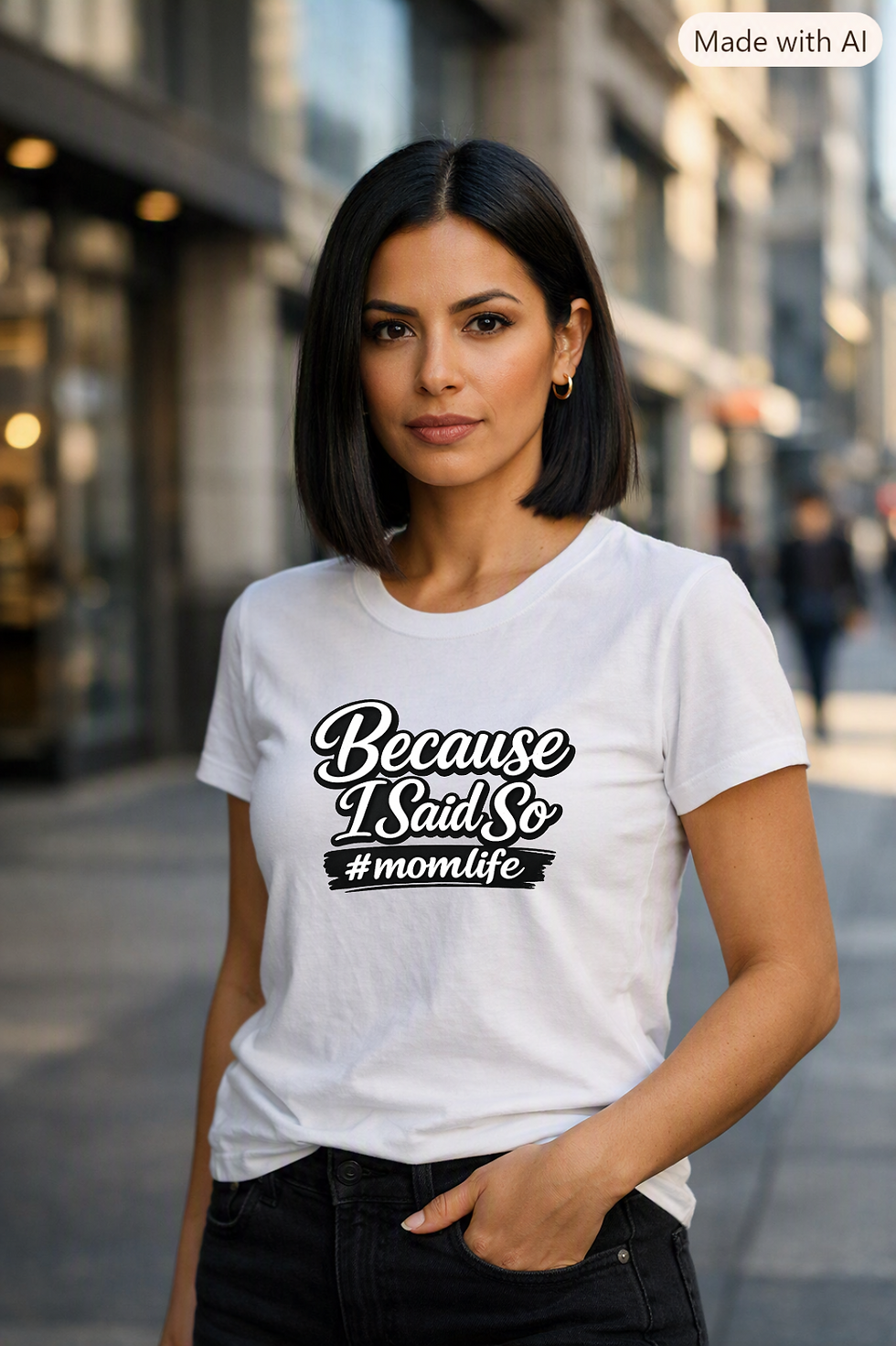 A white mom shirt featuring a stylish black βBecause I Said So #momlifeβ design