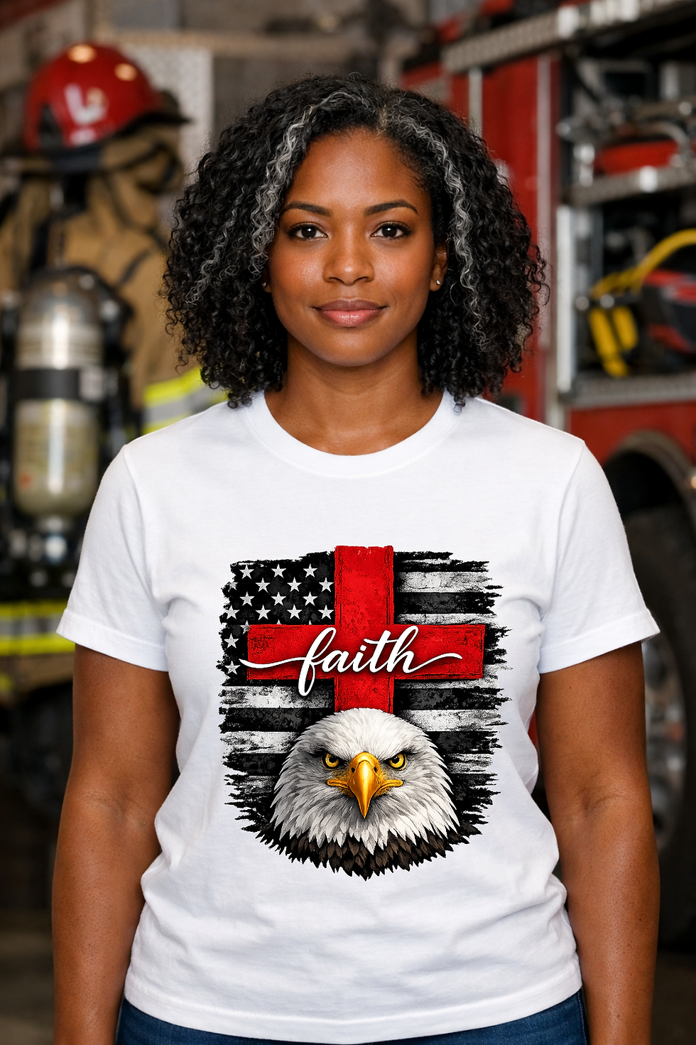 Woman wearing a white Faith American Flag Eagle Cross T-Shirt featuring a red cross, American flag design, and detailed bald