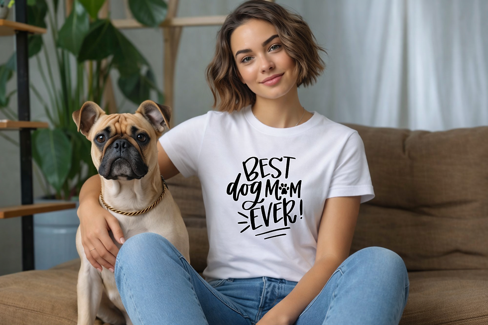 Woman wearing a white Best Dog Mom Ever t-shirt