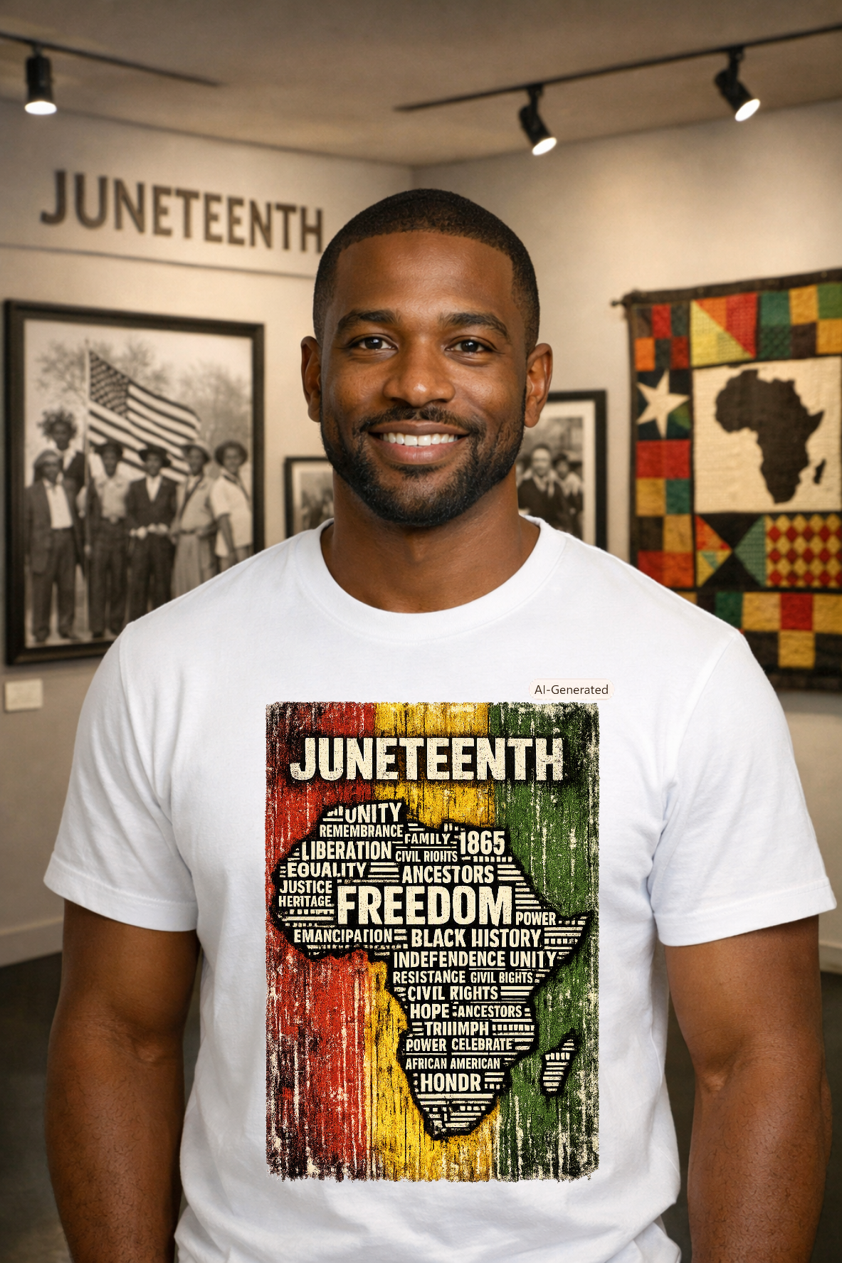 A distressed African continent shape filled with typography words like Freedom and Unity in Pan-African colors.