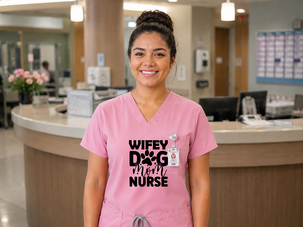 Nurse wearing a pink Wifey Dog Mom Nurse shirt with a paw print design