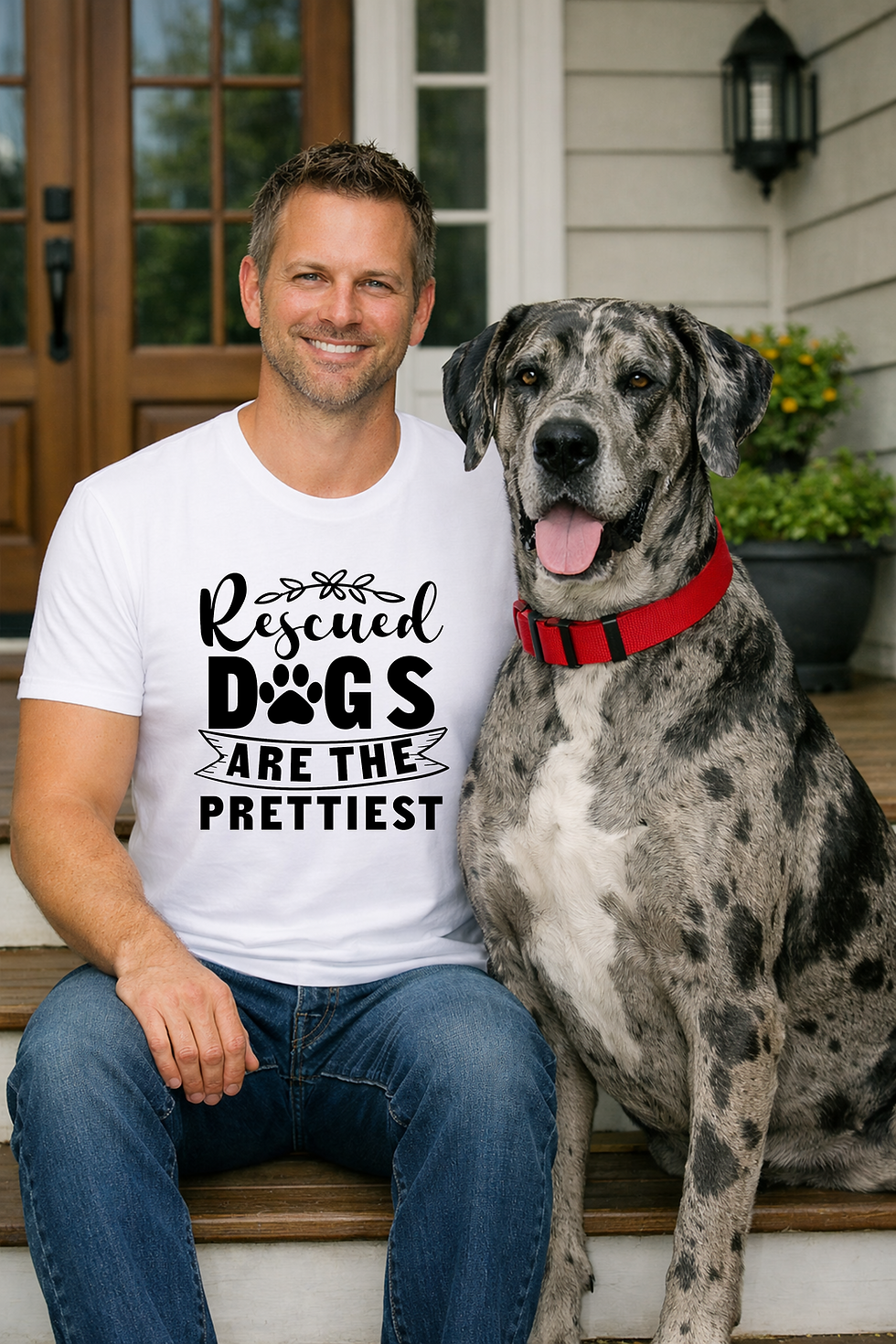 Man wearing a Rescued Dogs Are the Prettiest T-shirt beside a rescued dog