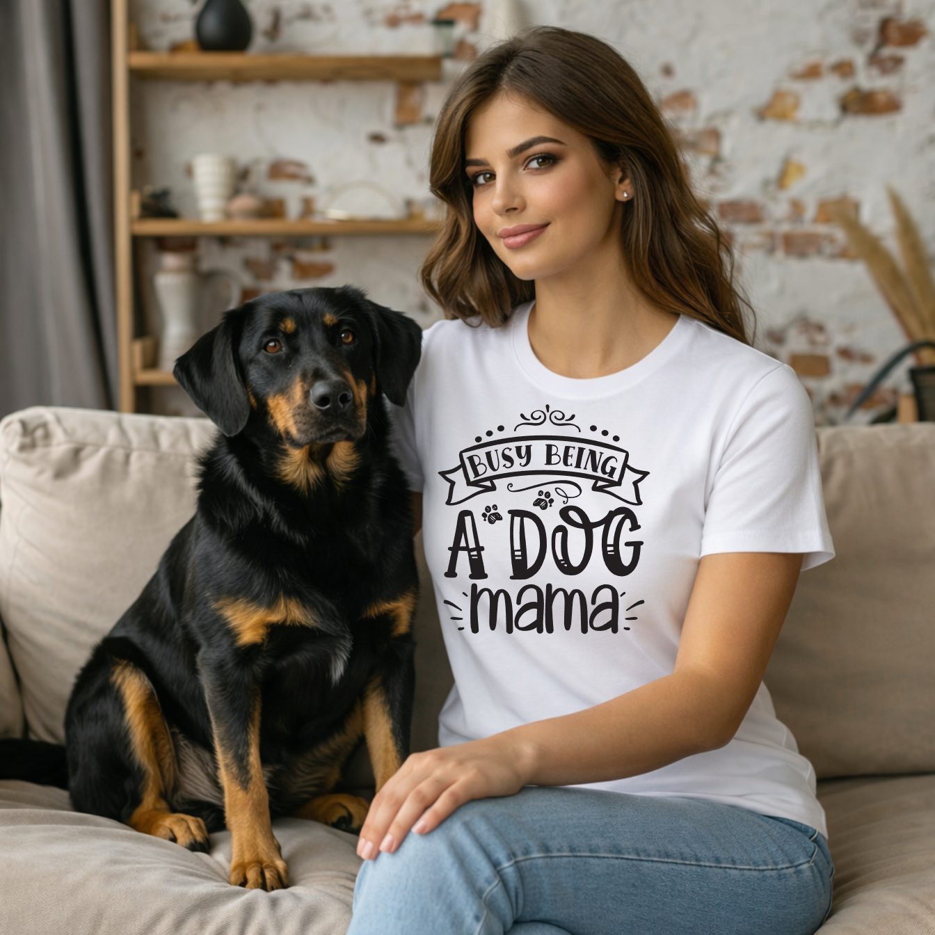 Woman wearing a white T-shirt featuring a “Busy Being a Dog Mama” graphic