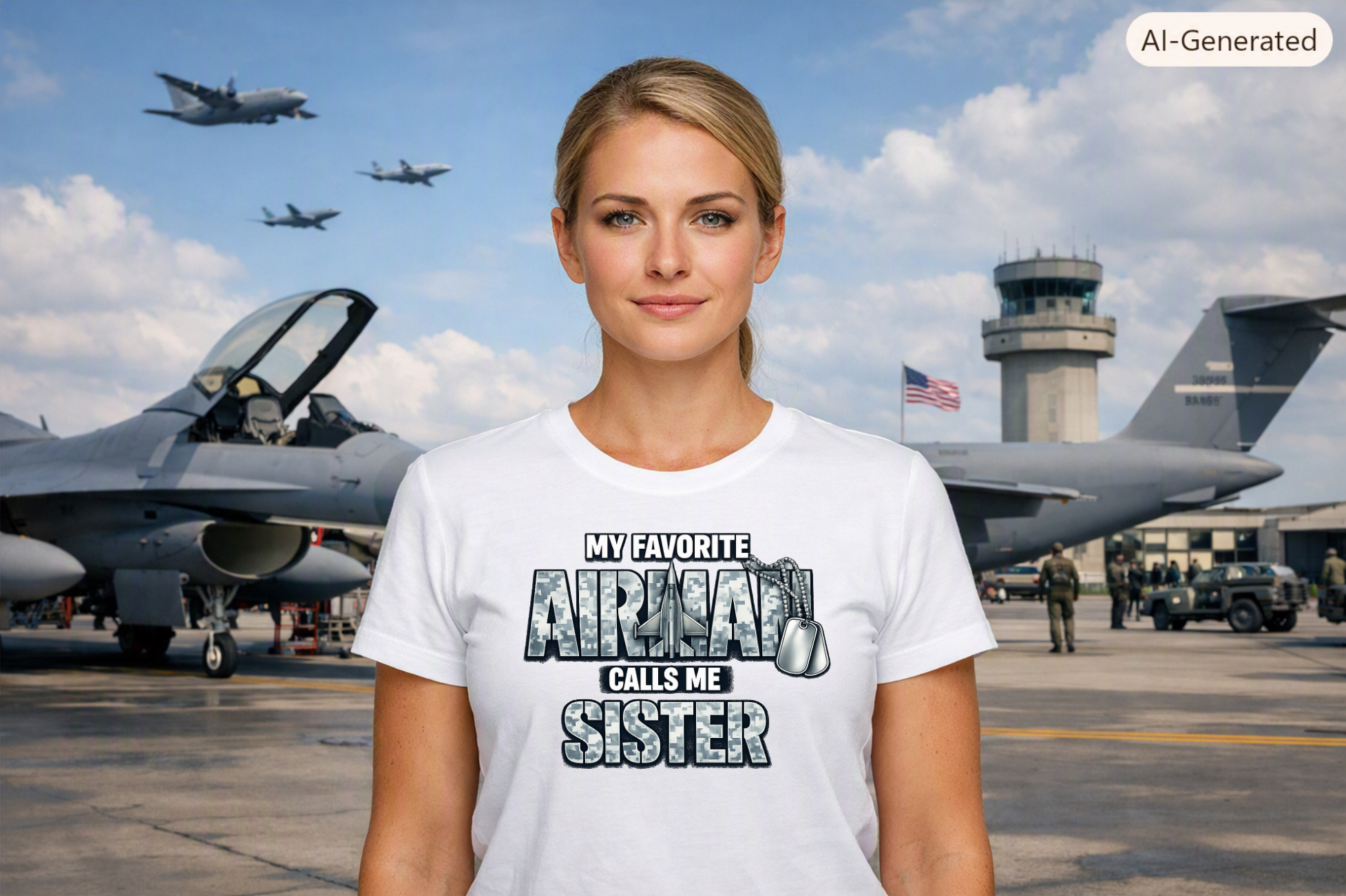 A white My Favorite Airman Calls Me Sister T-Shirt featuring camouflage lettering, an aircraft graphic, and military dog tags