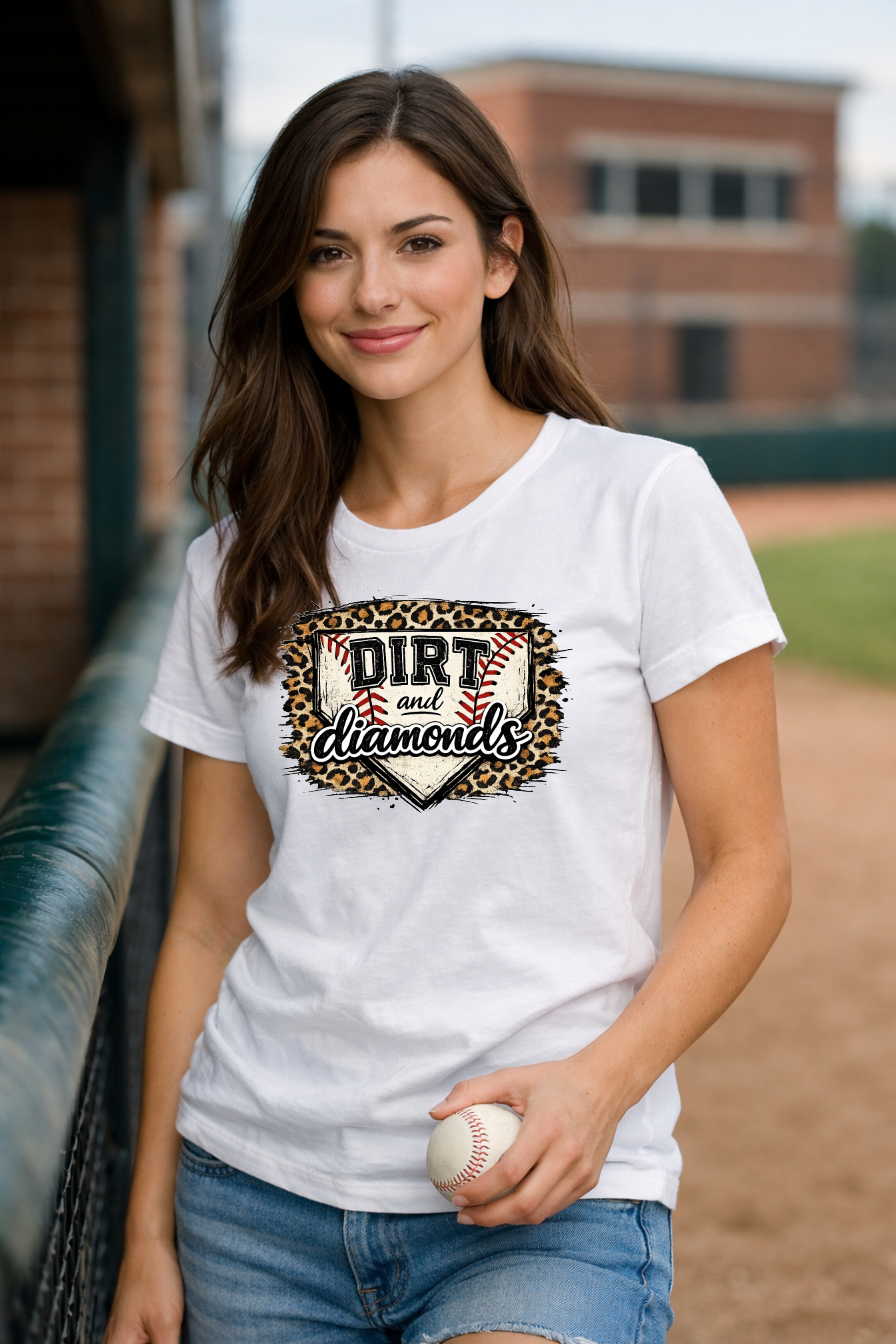 Distressed home plate graphic with bold red script over a cheetah print edge reading Dirt and Diamonds.