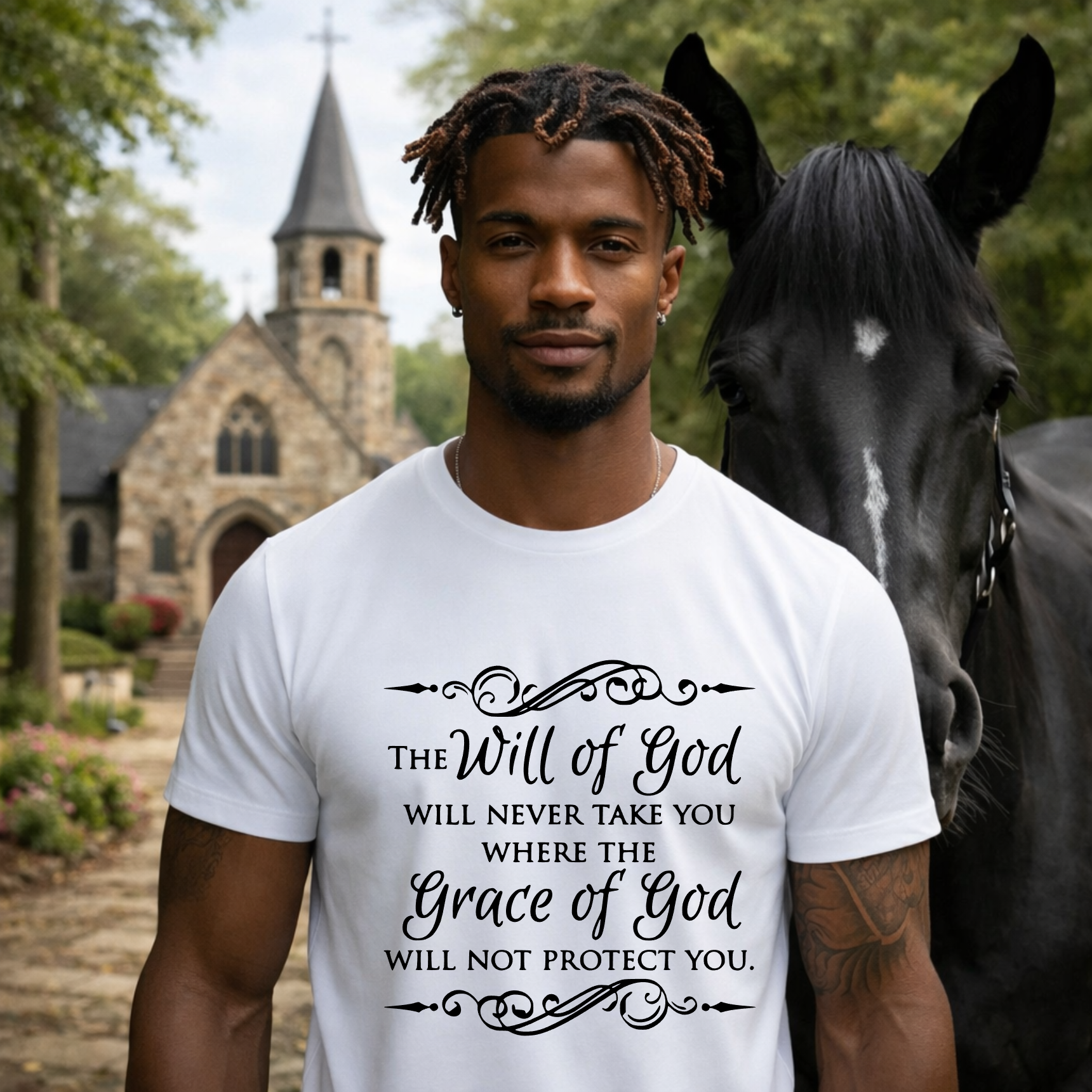 A man standing outside a stone church next to a black horse wearing a graphic t-shirt about the will and grace of God.