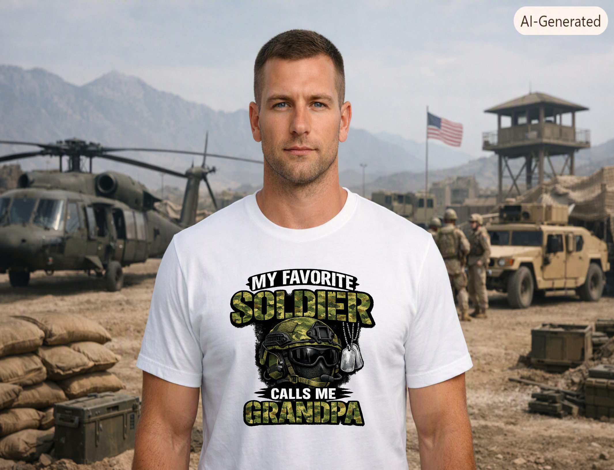A white My Favorite Soldier Calls Me Grandpa Military T-Shirt featuring a camouflage military helmet and dog tags.