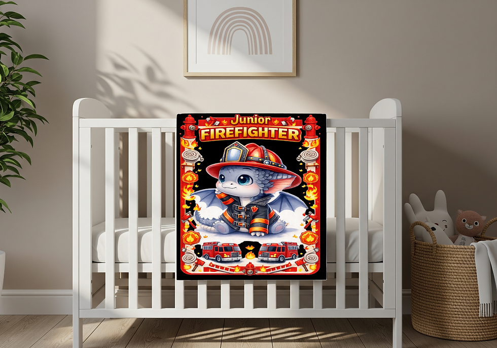 A baby blanket showing a cartoon dragon wearing firefighter gear with a border of fire trucks and flames.