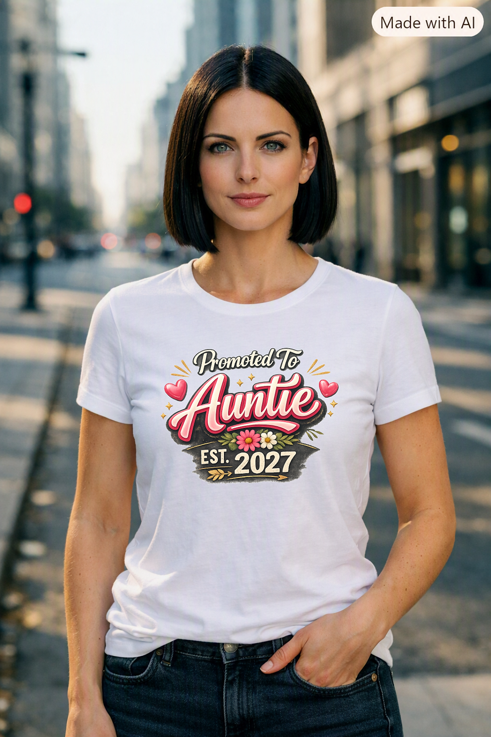 Woman wearing a white graphic t-shirt featuring a pink βPromoted to Auntieβ design with hearts, flowers, gold accents.