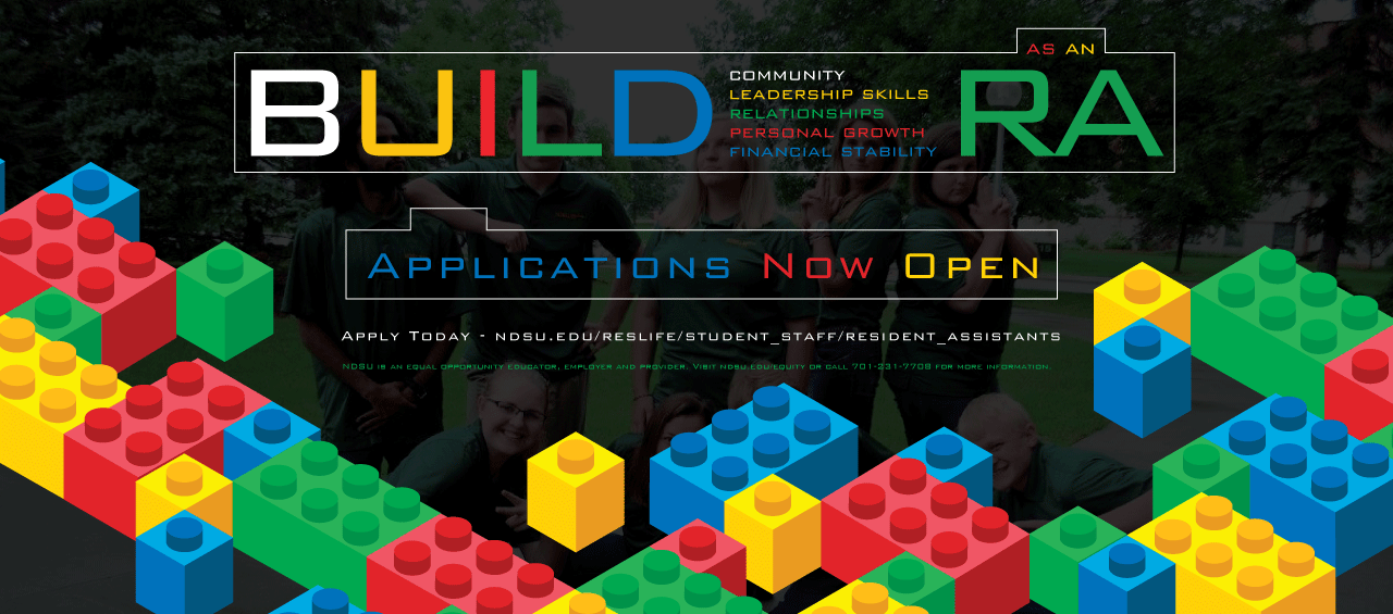 the words build ra with lego blocks in the center and the words applications now open on the bottom
