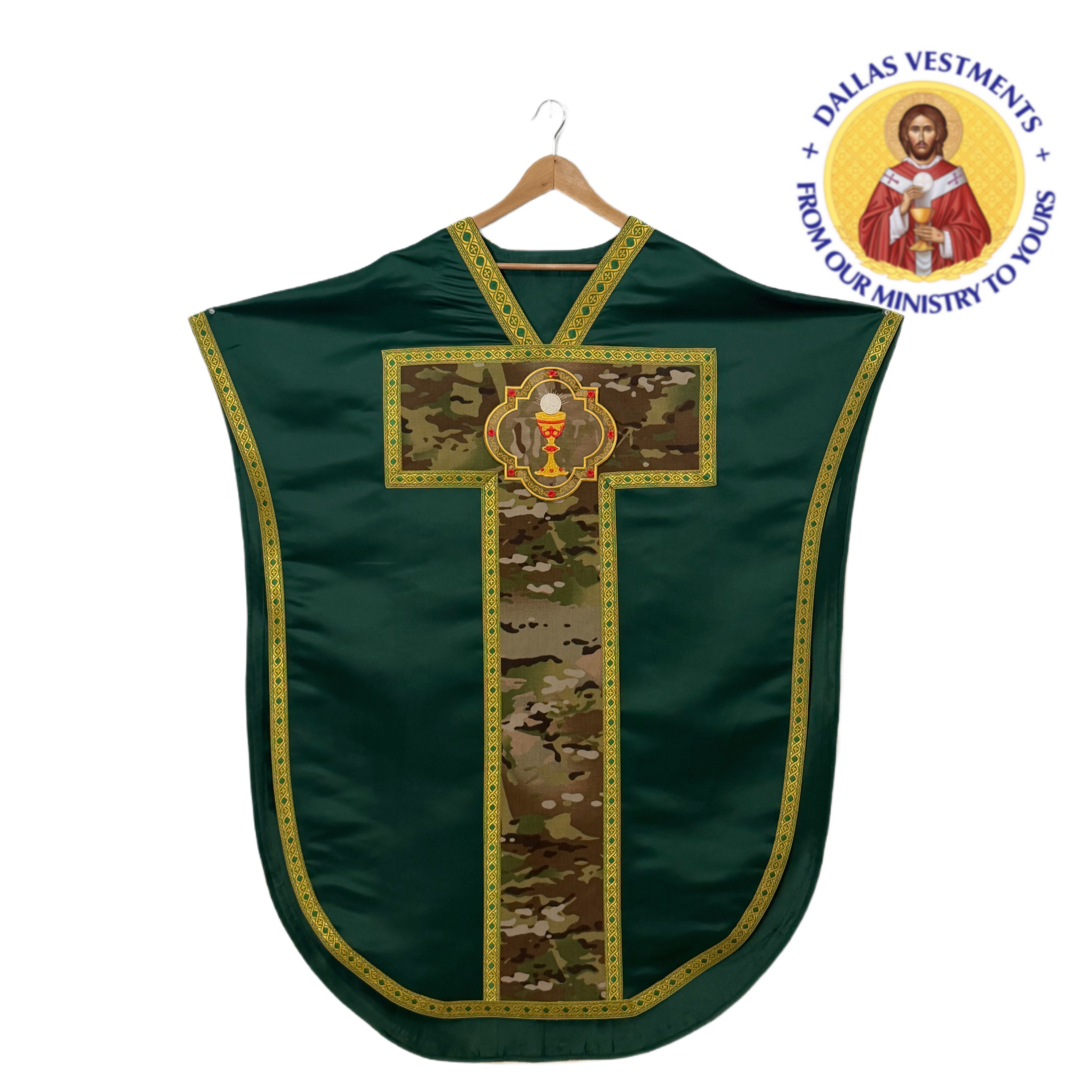 Green Neri Satin Camouflage Chasuble and stole (Eucharist)